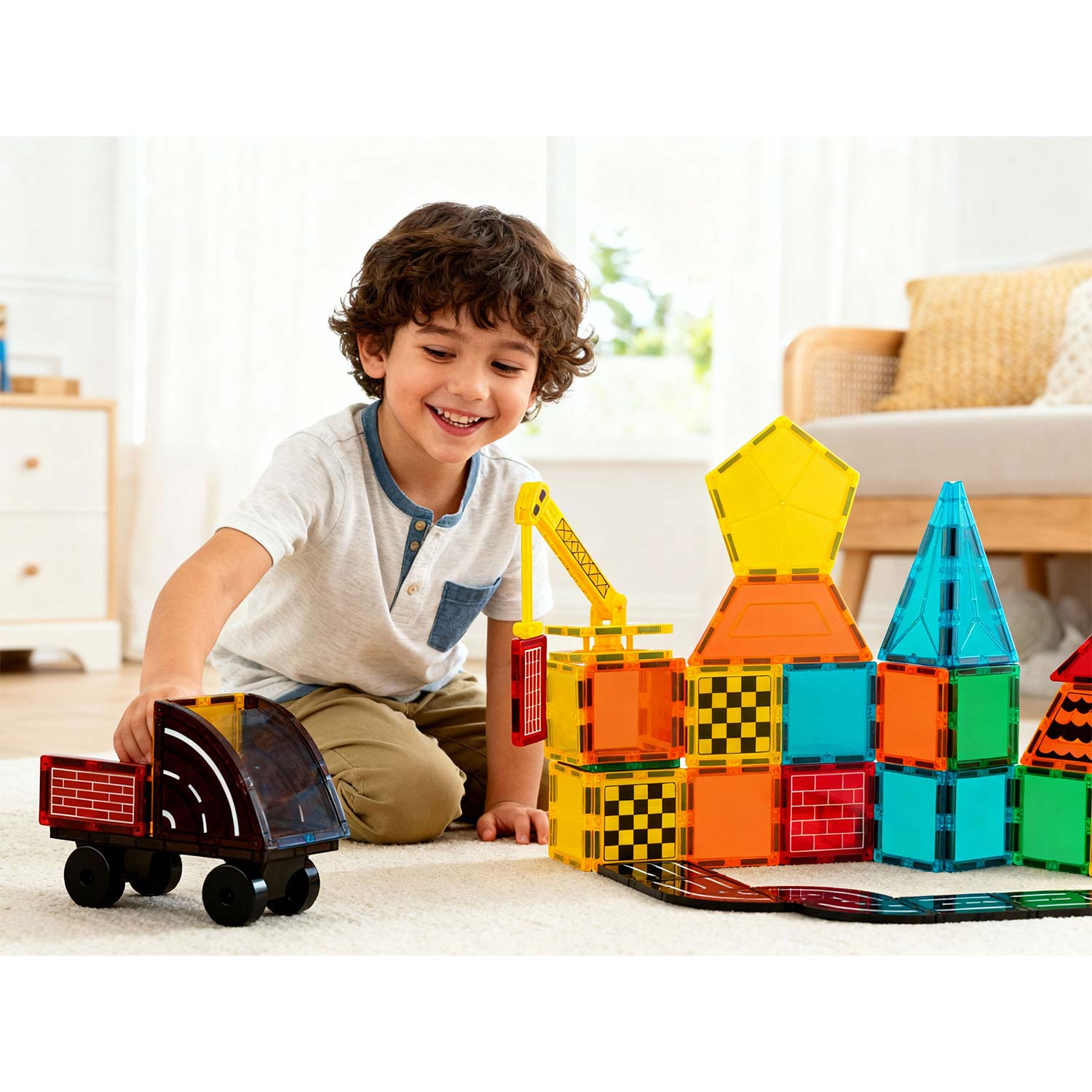Chłopiec uśmiecha się, bawiąc się kolorowymi klockami magnetycznymi i zabawkową ciężarówką na dywanie. W tle budynek z klocków.
