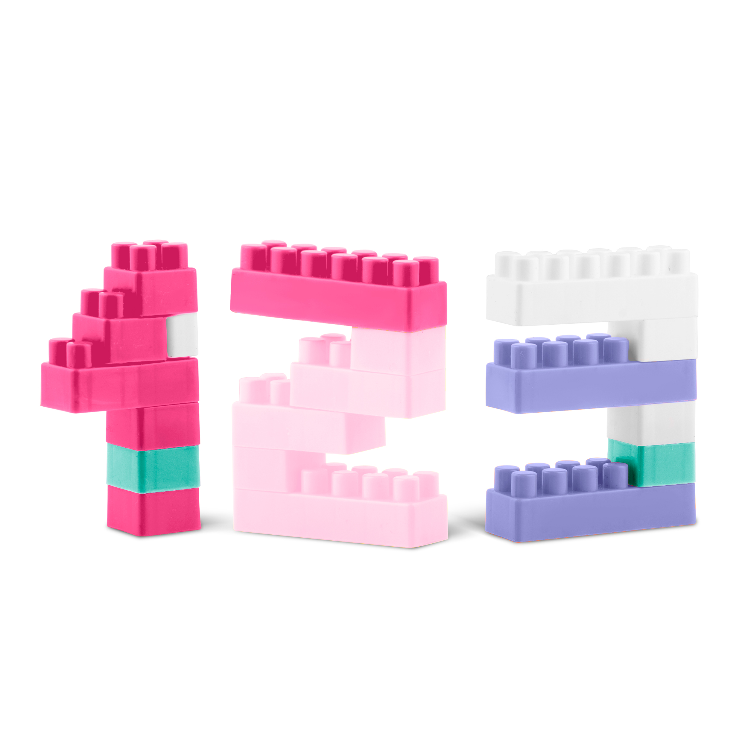 Liczby 1, 2 i 3 wykonane z kolorowych klocków na białym tle.