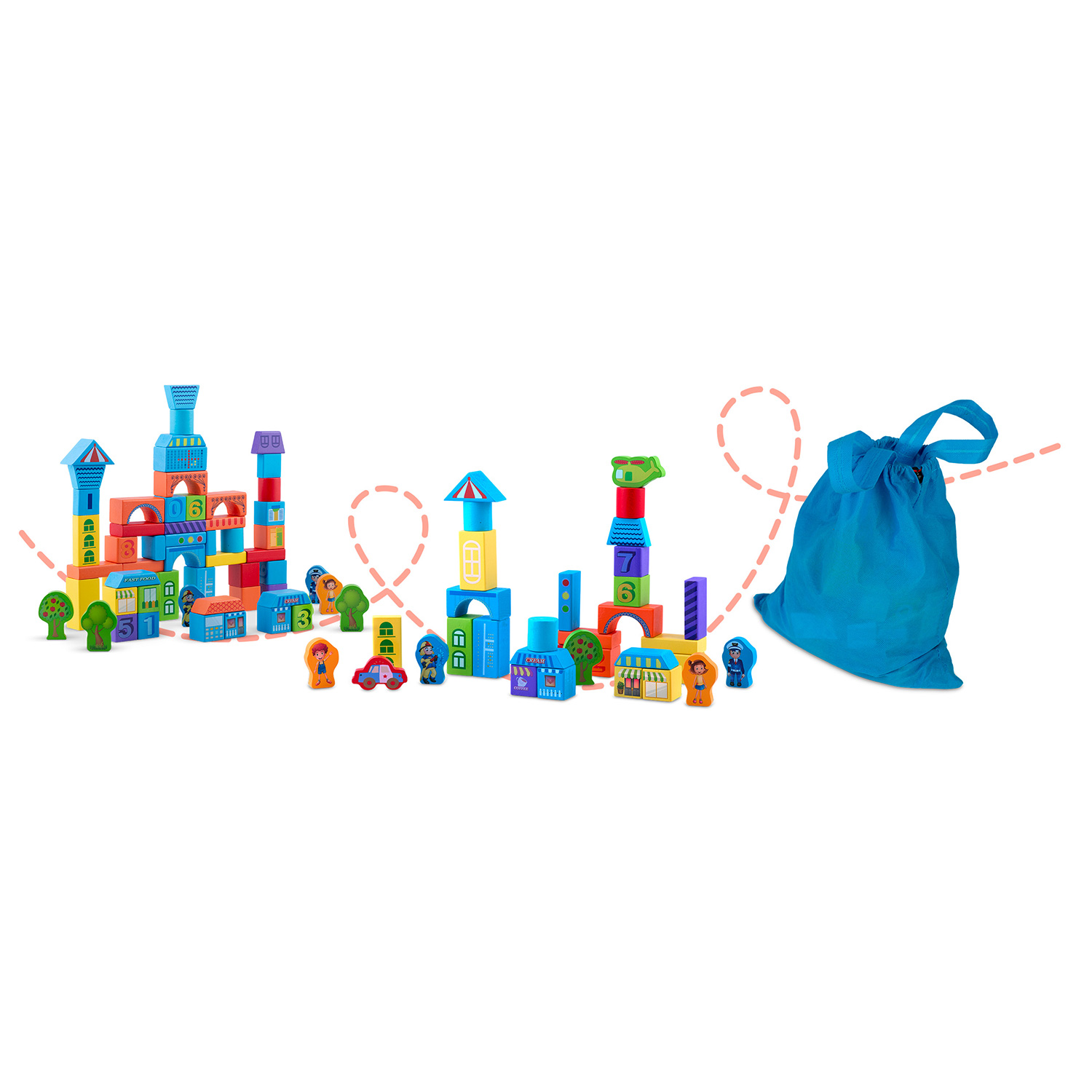 Drewniane klocki ułożone jako miasto z budynkami, drzewami, ludźmi i samochodem. Niebieska torba po prawej.