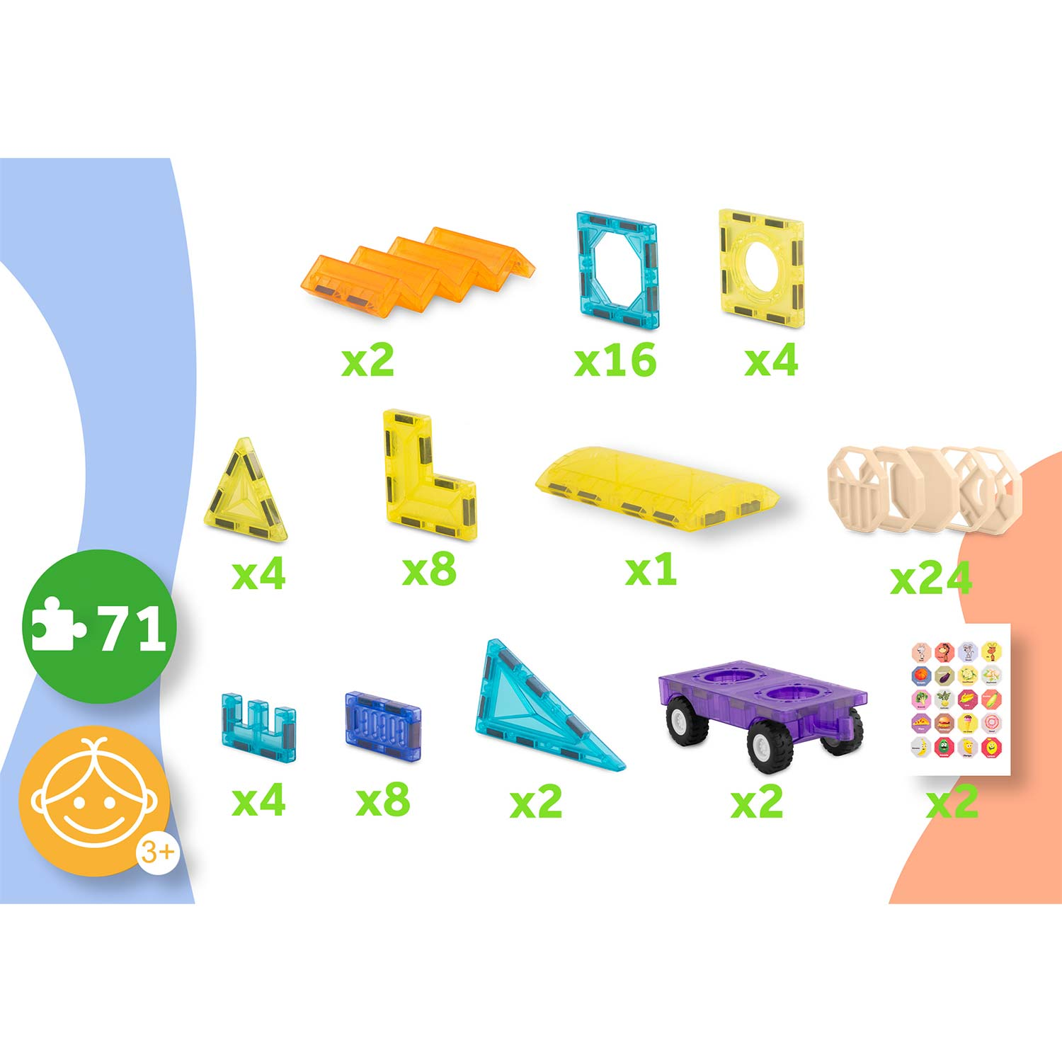 Zestaw kolorowych kafelków magnetycznych i akcesoriów, w tym trójkąty, kwadraty i wózek, wszystko na białym tle.