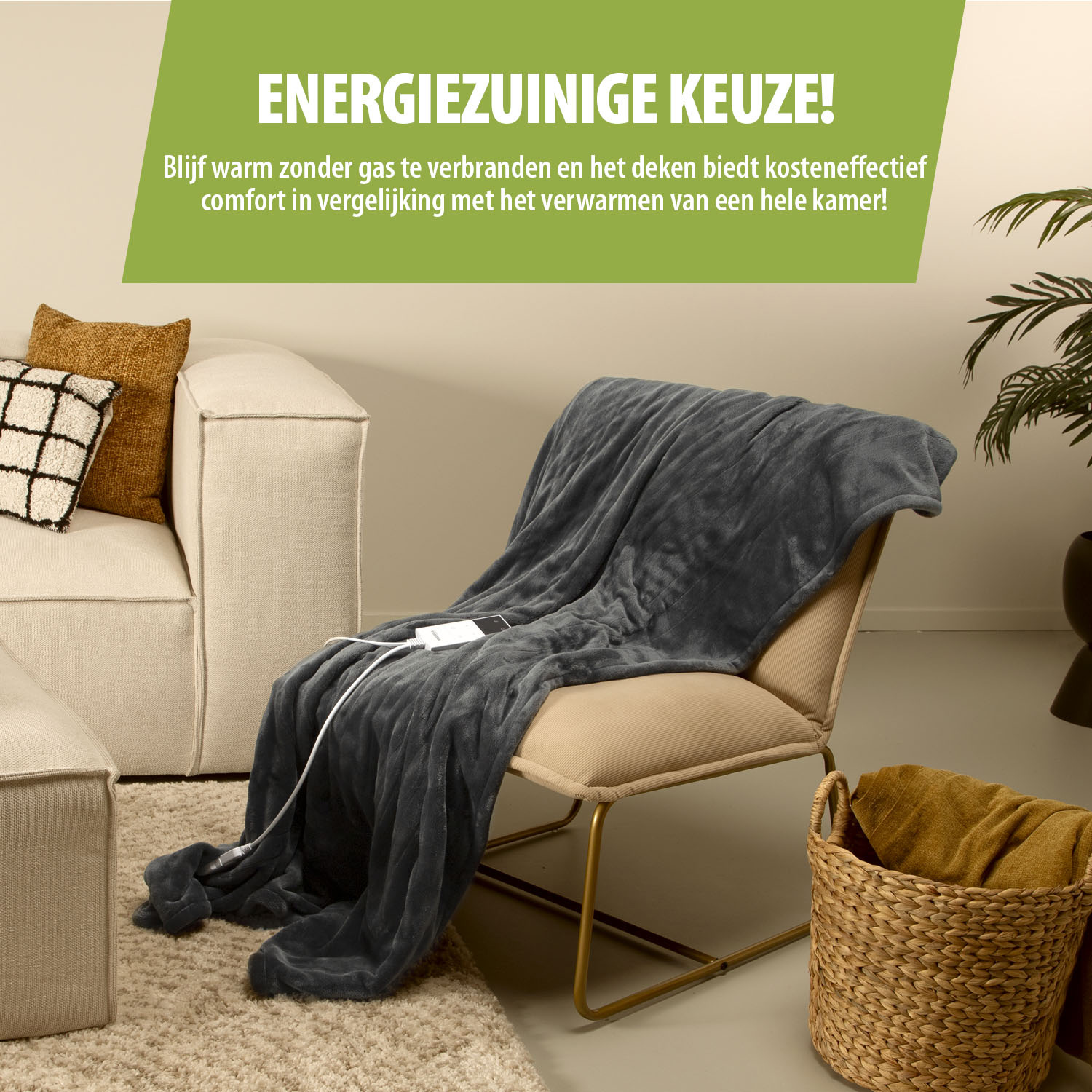 A gray blanket draped over a chair. A sofa is on the left. A wicker basket with a yellow blanket is on the right.