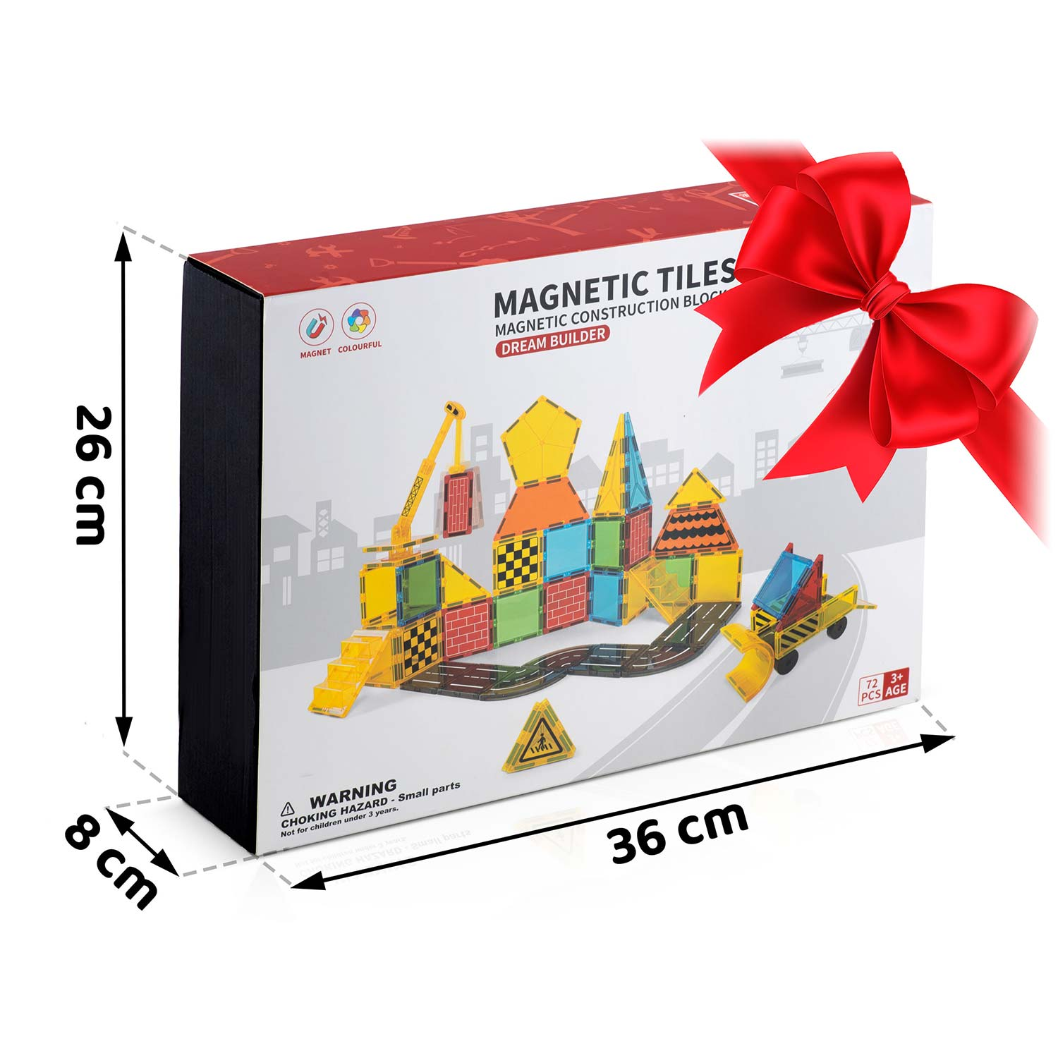 Pudełko z płytkami magnetycznymi. Pudełko ma czerwoną kokardę. Zawiera kolorowe klocki, żółty dźwig i małą żółtą ciężarówkę.