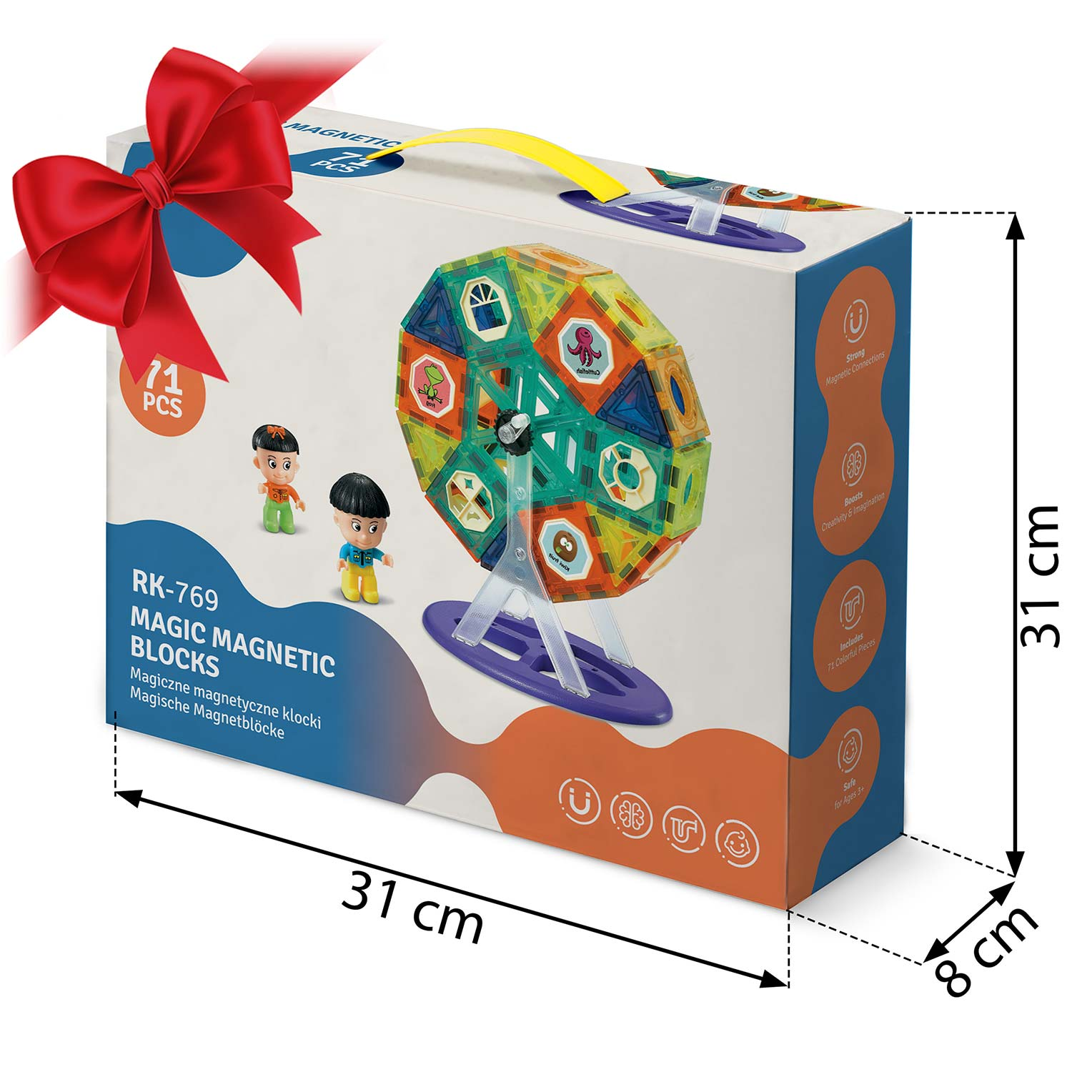 Zestaw Magic Magnetic Blocks w pudełku. Zawiera klocki, figurki i konstrukcję diabelskiego młyna. Posiada czerwoną kokardę i wymiary.