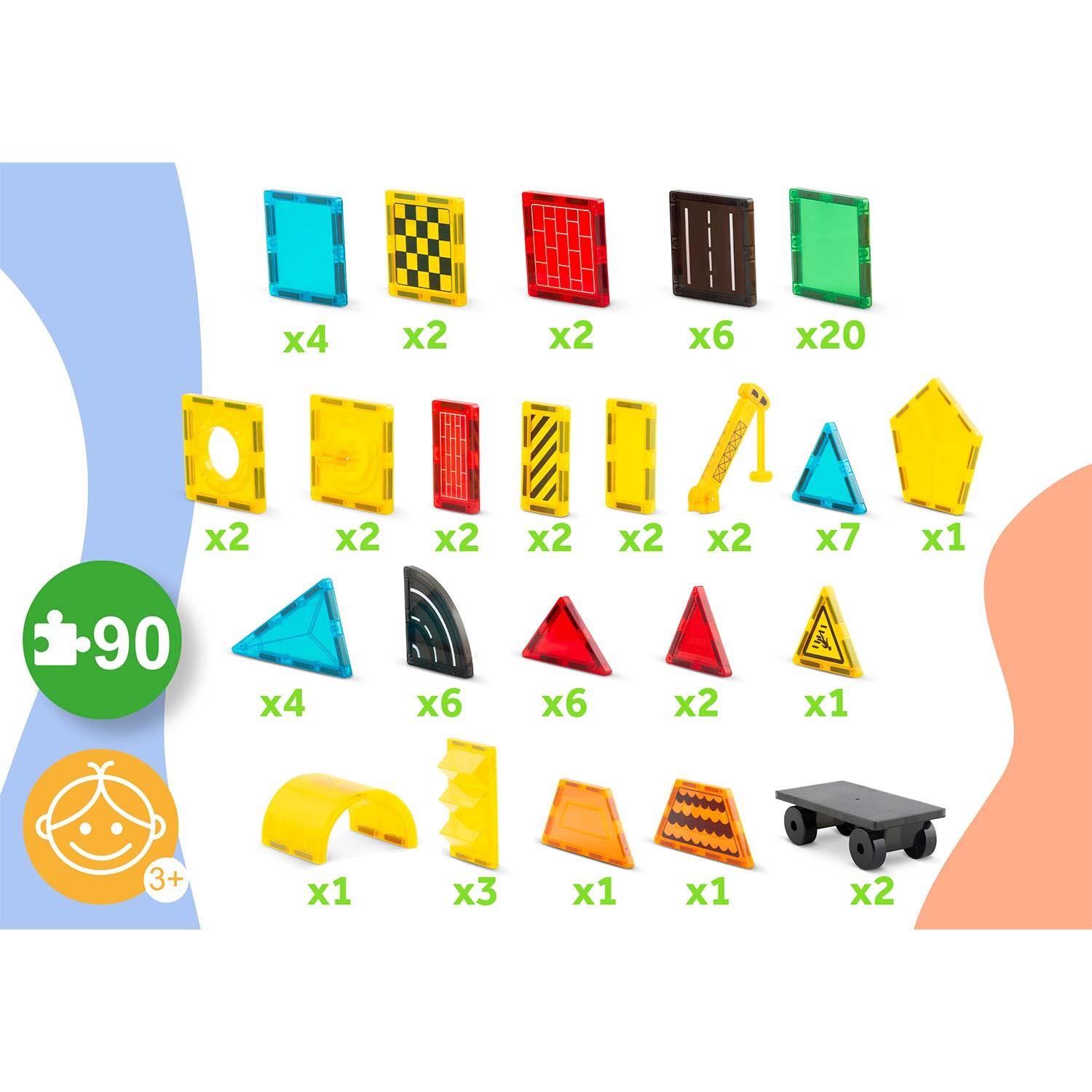 Kolorowe magnetyczne klocki, obecne są różne kształty i kolory, w tym kwadraty, trójkąty i łuki. Widoczna jest ikona 3+.