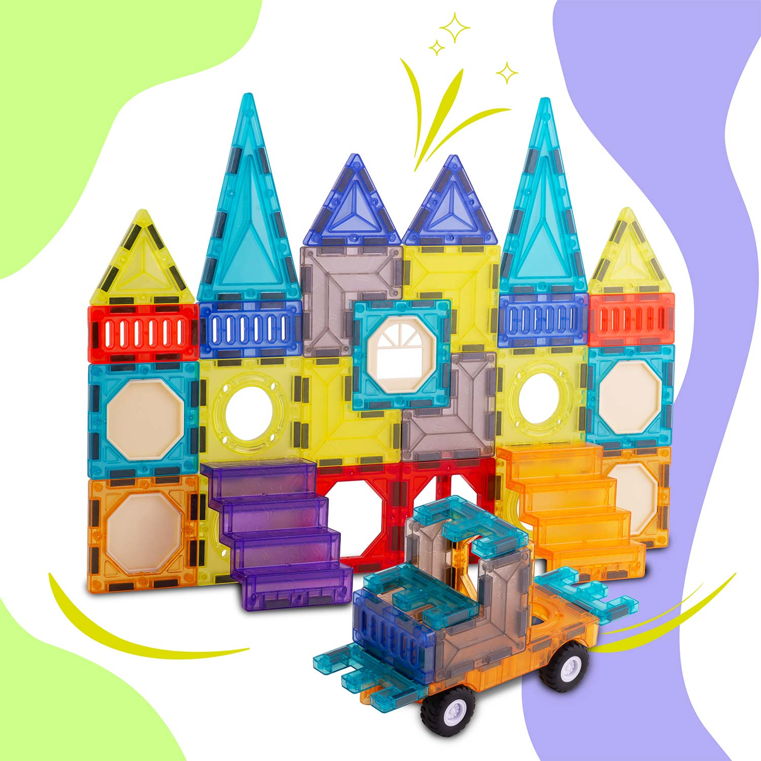 Kolorowe magnetyczne klocki ułożone jako zamek i zabawkowy samochód ciężarowy, z dekoracyjnymi gwiazdami. Klocki są przezroczyste.