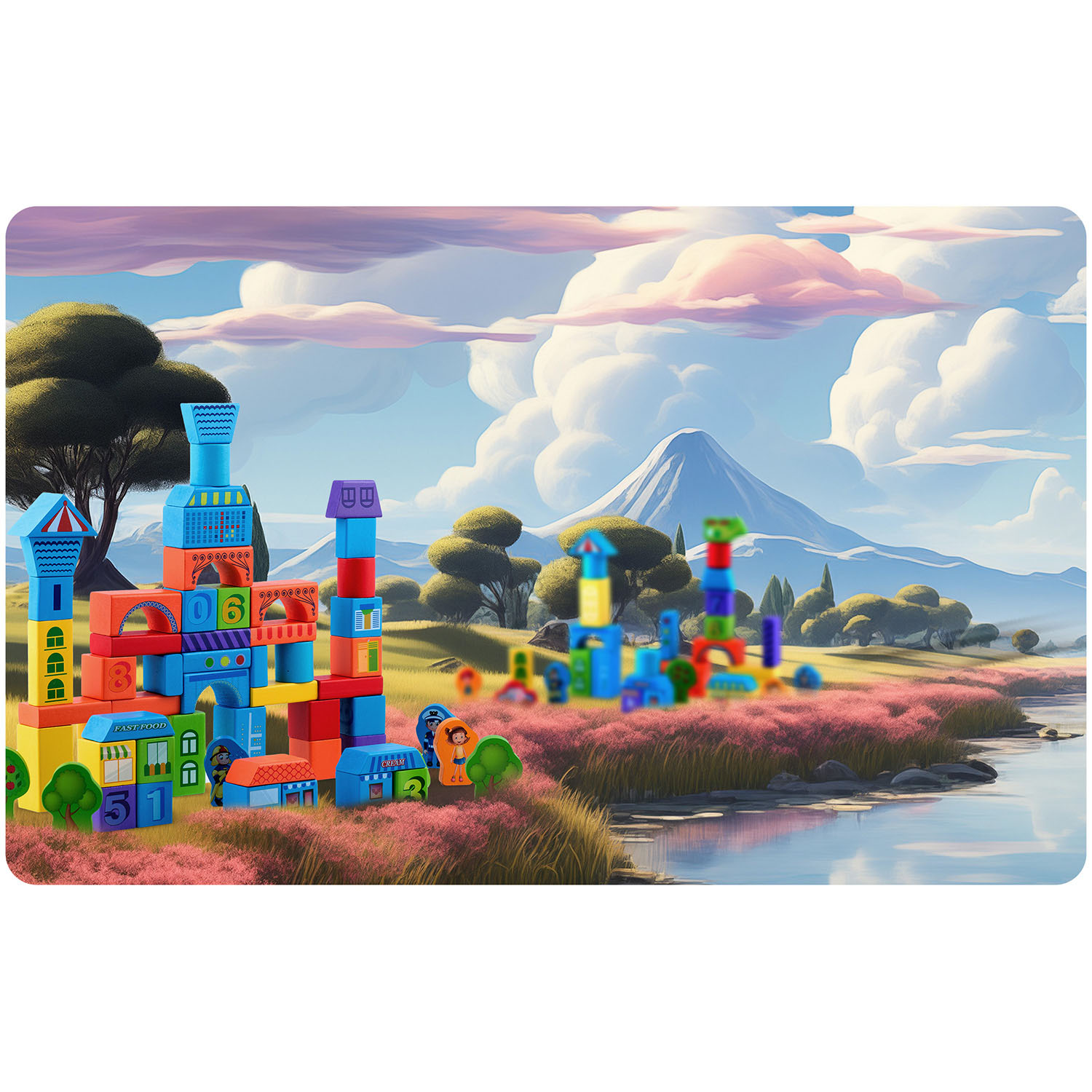 Kolorowy zamek z klocków stoi nad jeziorem, z pasmem górskim w tle. Różowe kwiaty i drzewa otaczają zamek.