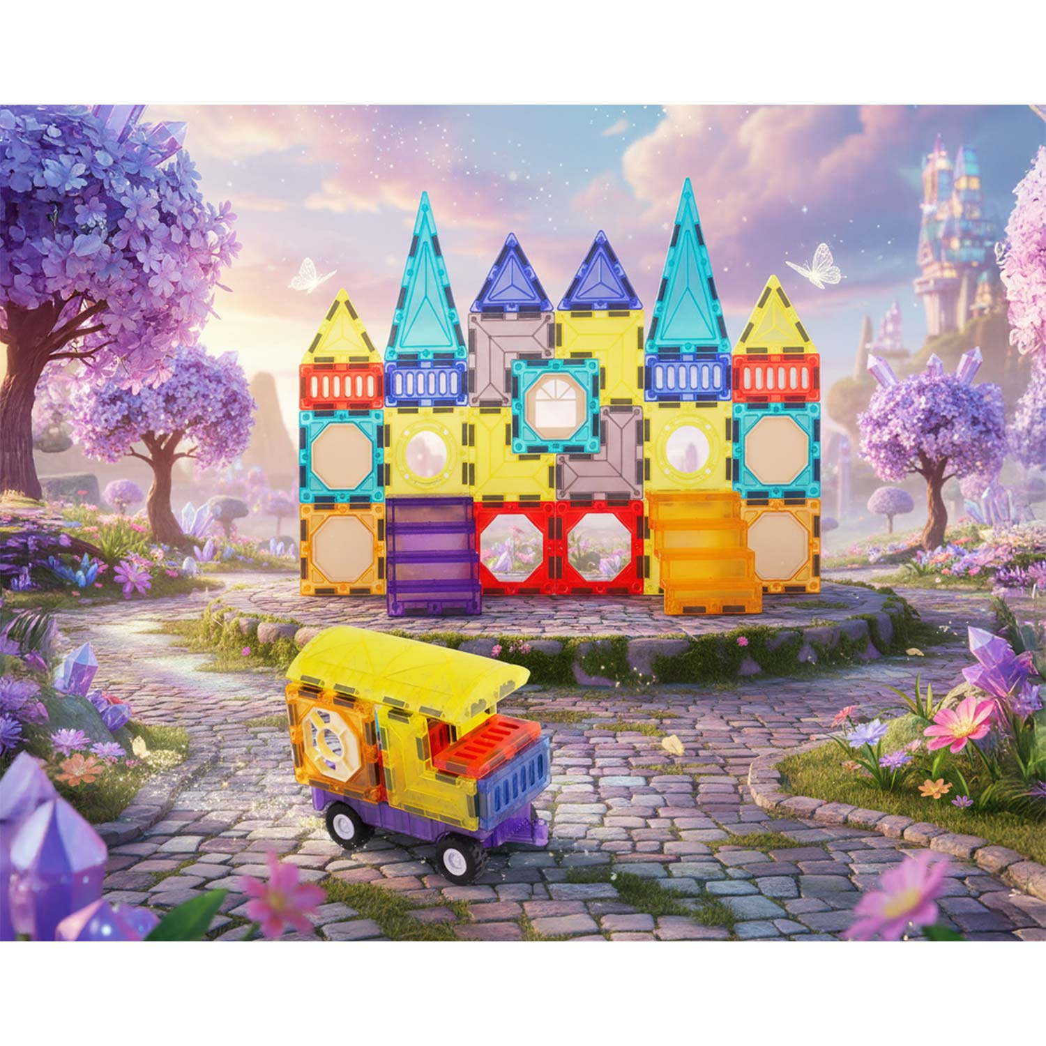 Kolorowy zamek zabawek i ciężarówka stoją na kamiennej ścieżce. Motyle i kwiaty otaczają scenę.