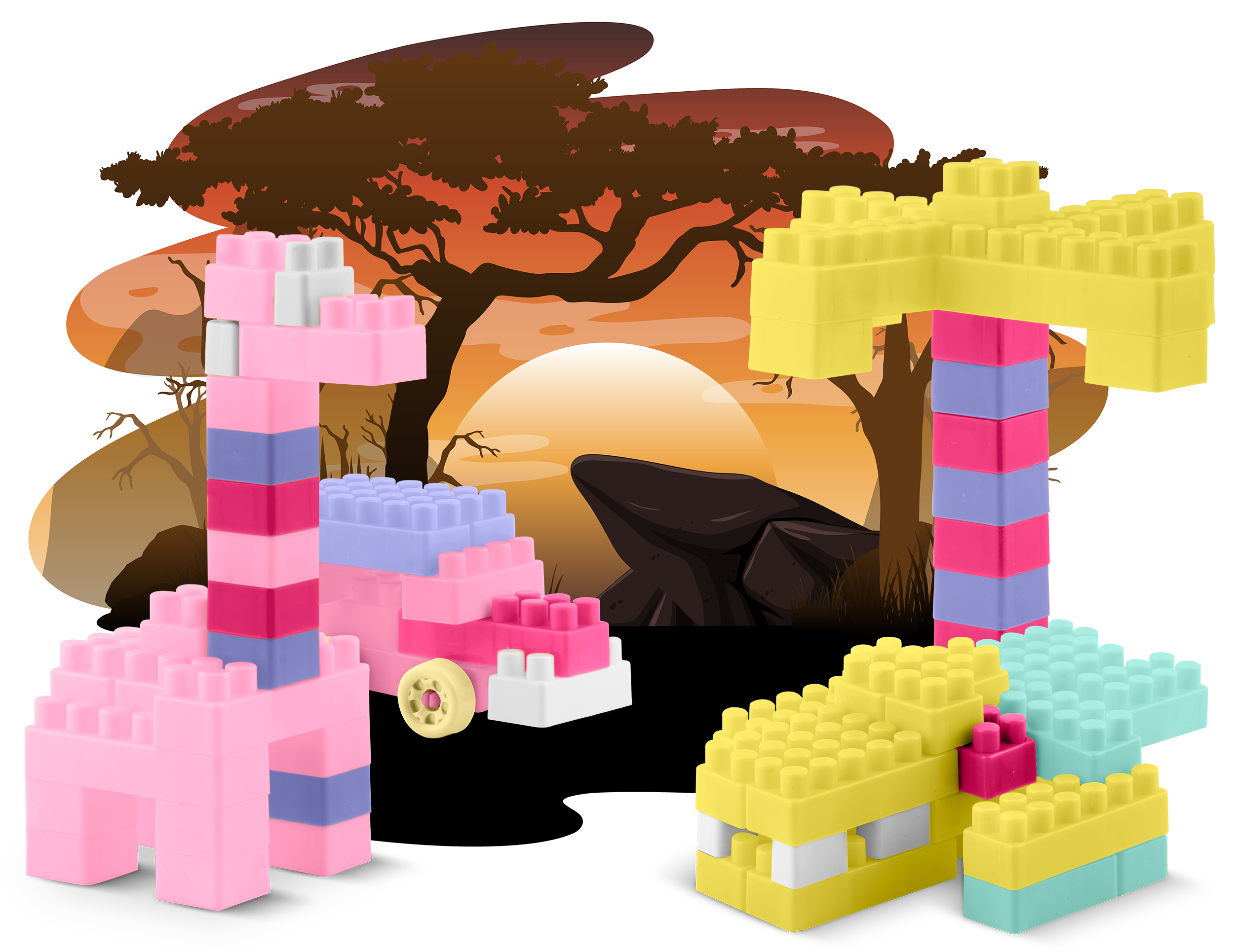 Klocki ułożone jako żyrafa, samochód, palma i inne struktury na tle zachodu słońca.