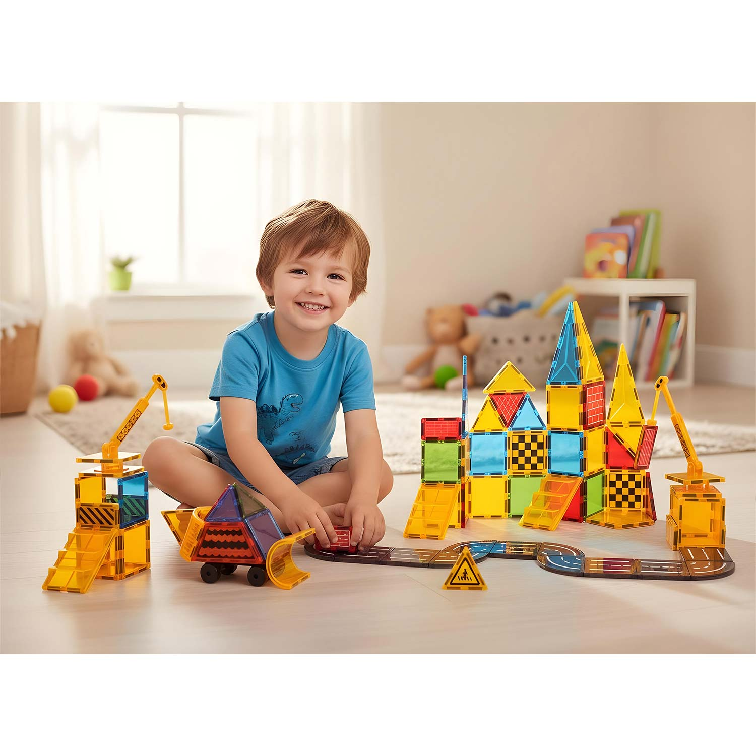 Uśmiechnięty chłopiec siedzi z kolorowymi magnetycznymi klockami, tworząc konstrukcje i drogę. Obecne są również żółte dźwigi i zabawkowy ciężarówka.