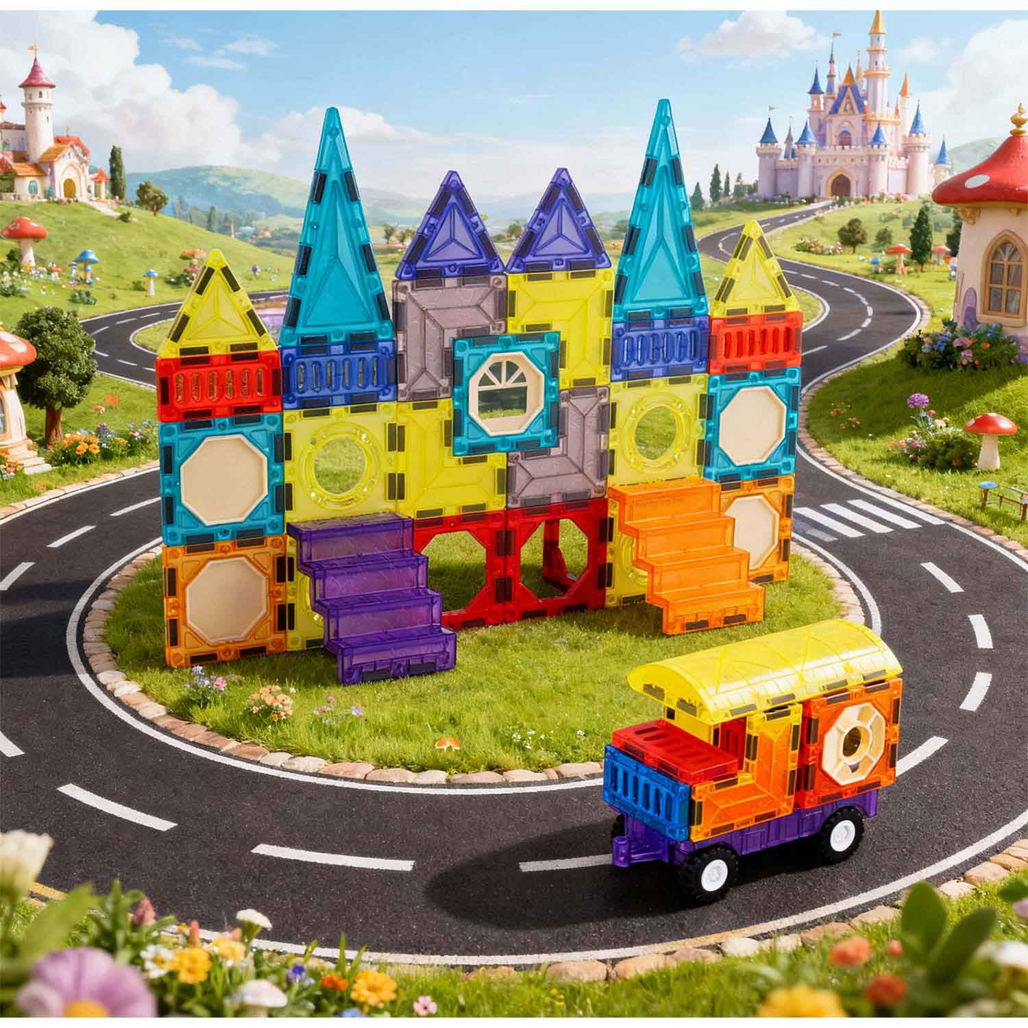 Kolorowy zamek z płytek magnetycznych i zabawkowy pociąg na drodze, z bajkowymi domami i zamkiem w tle.