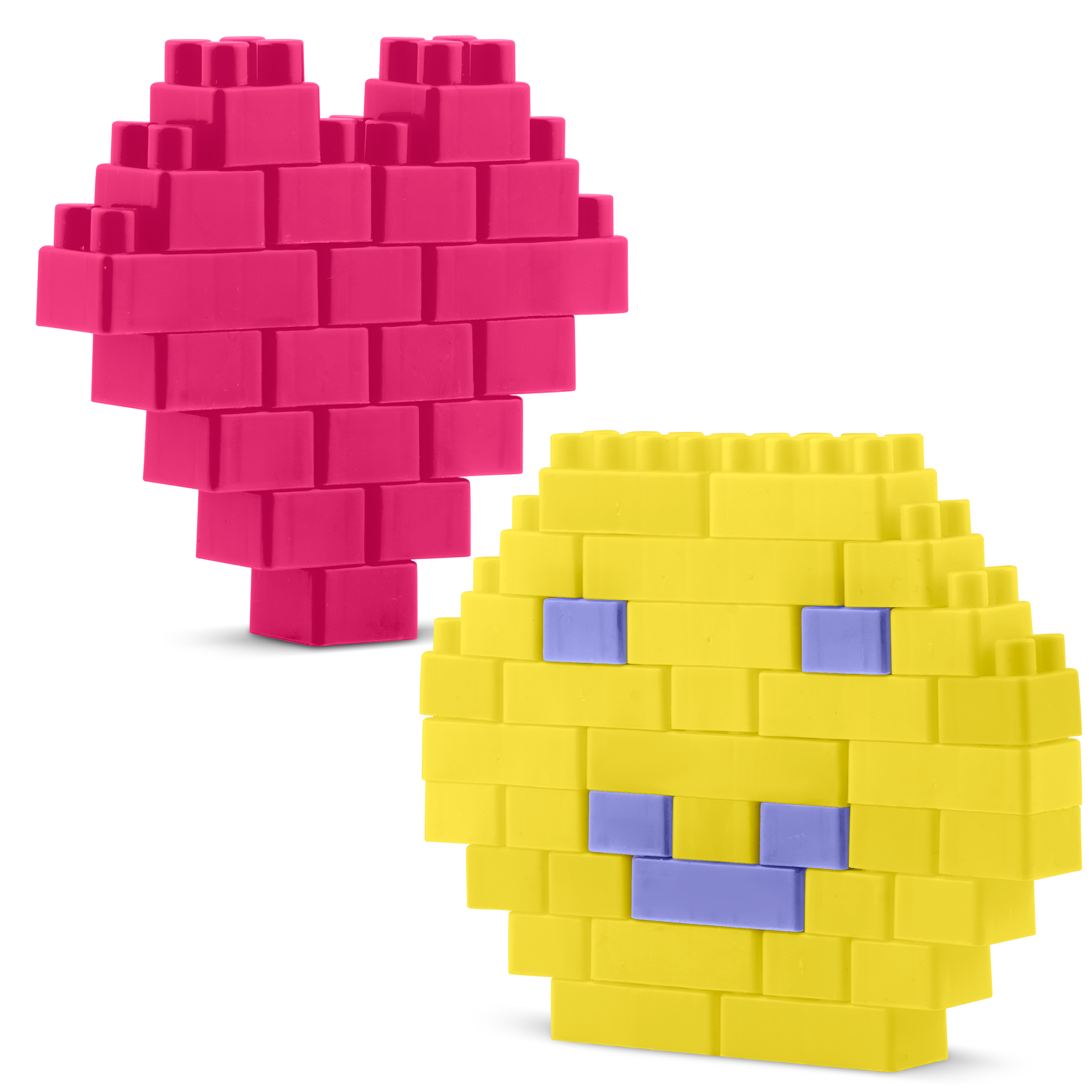 Dwie figury z klocków: różowe serce i żółta buźka z niebieskimi oczami i buzią, na białym tle.