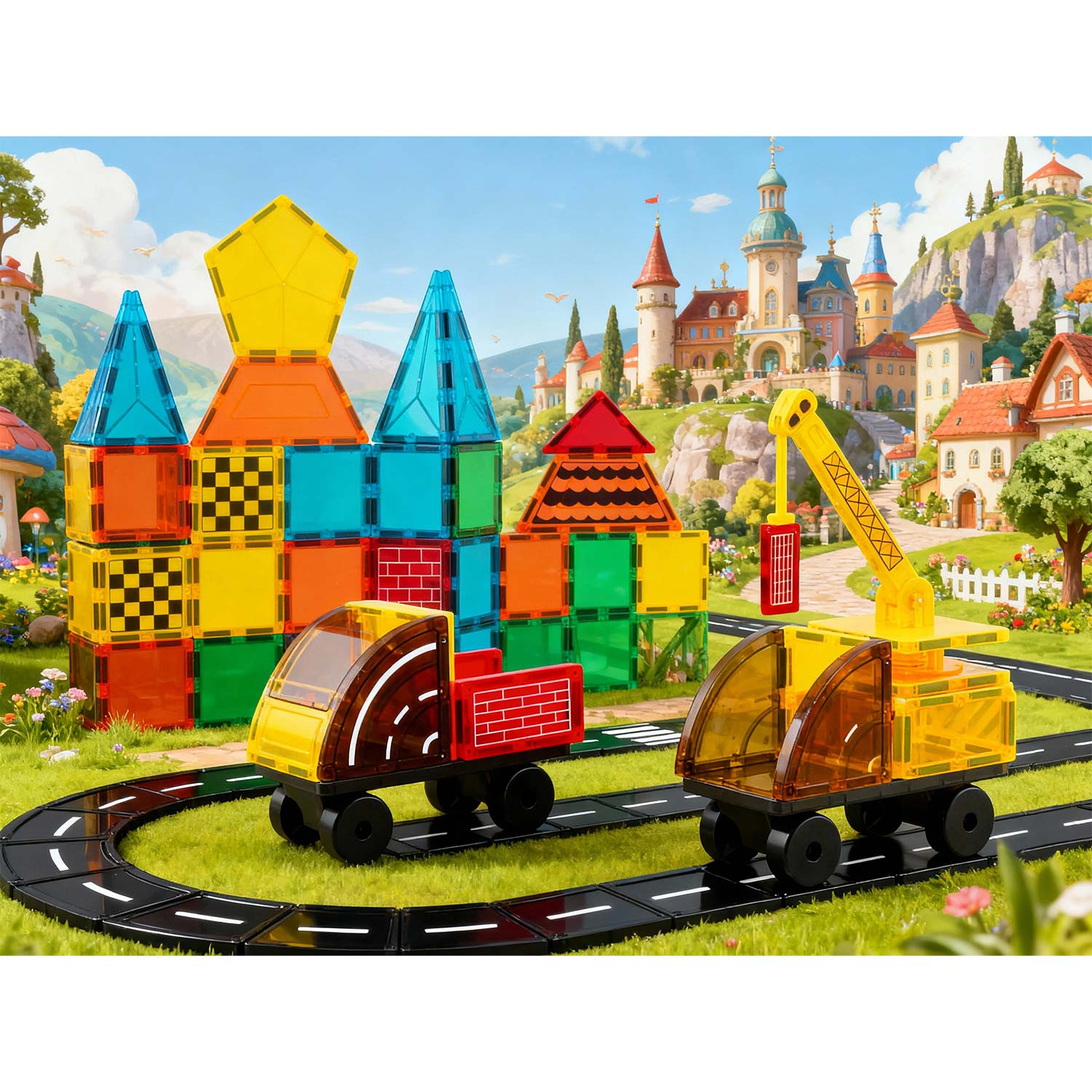 Kolorowa scena zabawek. Budynki z klocków, dwie zabawki ciężarówki na drodze, fantazyjne zamki i zielony krajobraz.