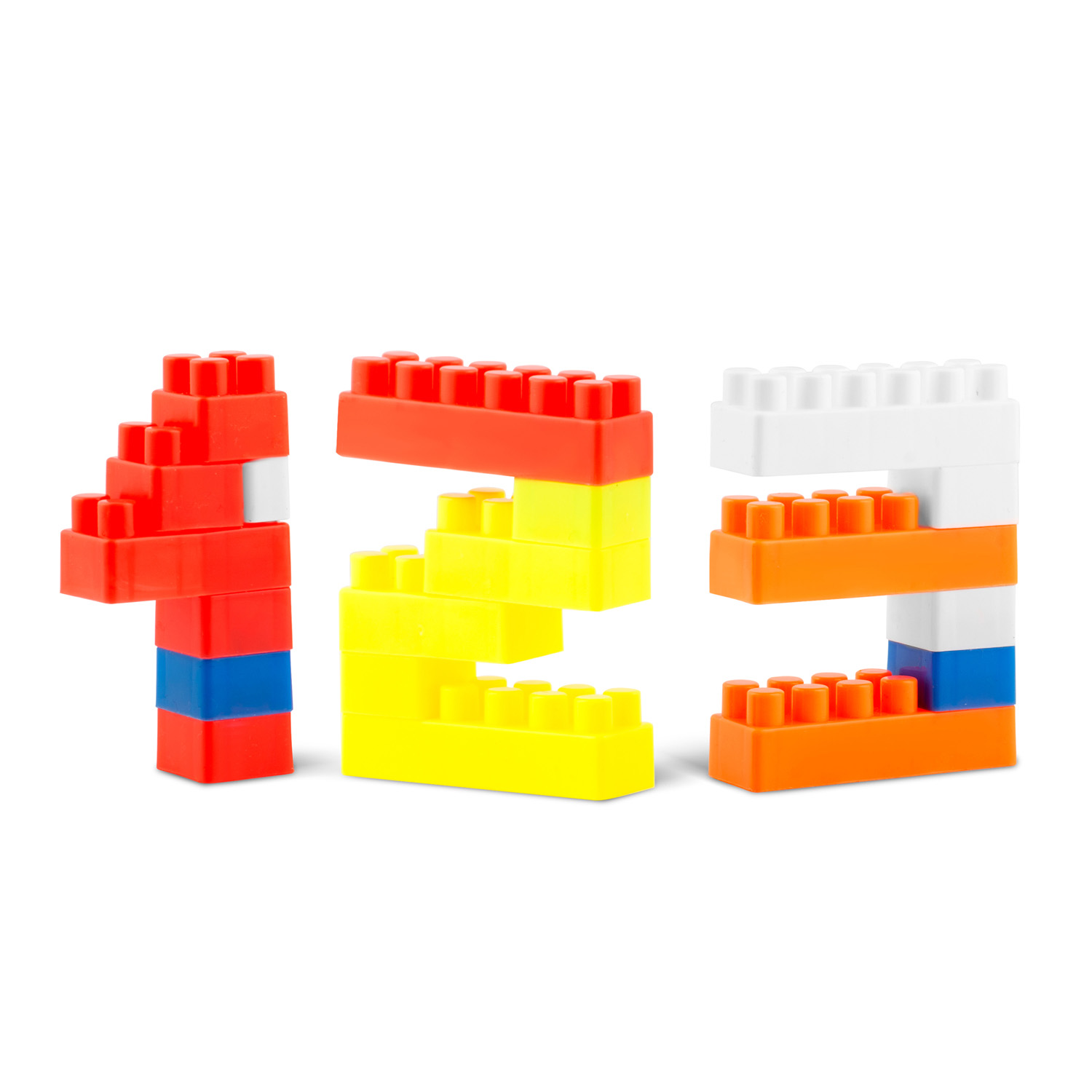 Kolorowe klocki ułożone w liczby 1, 2 i 3. Użyto czerwonych, żółtych, pomarańczowych, niebieskich i białych klocków.