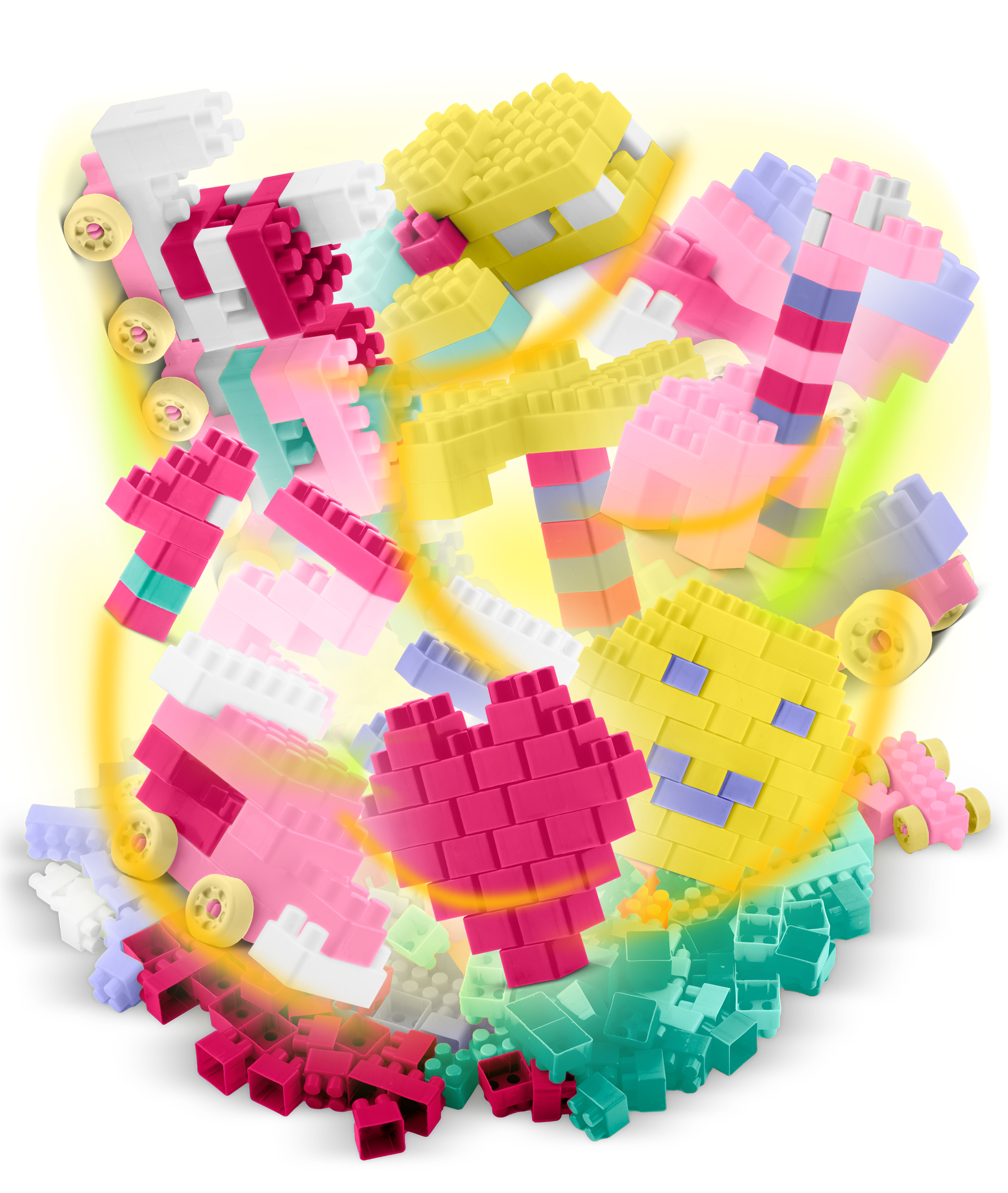 Obraz przedstawia kolorowe klocki ułożone w dynamiczny, wirujący wzór, w tym różowe, żółte i niebieskie kształty.