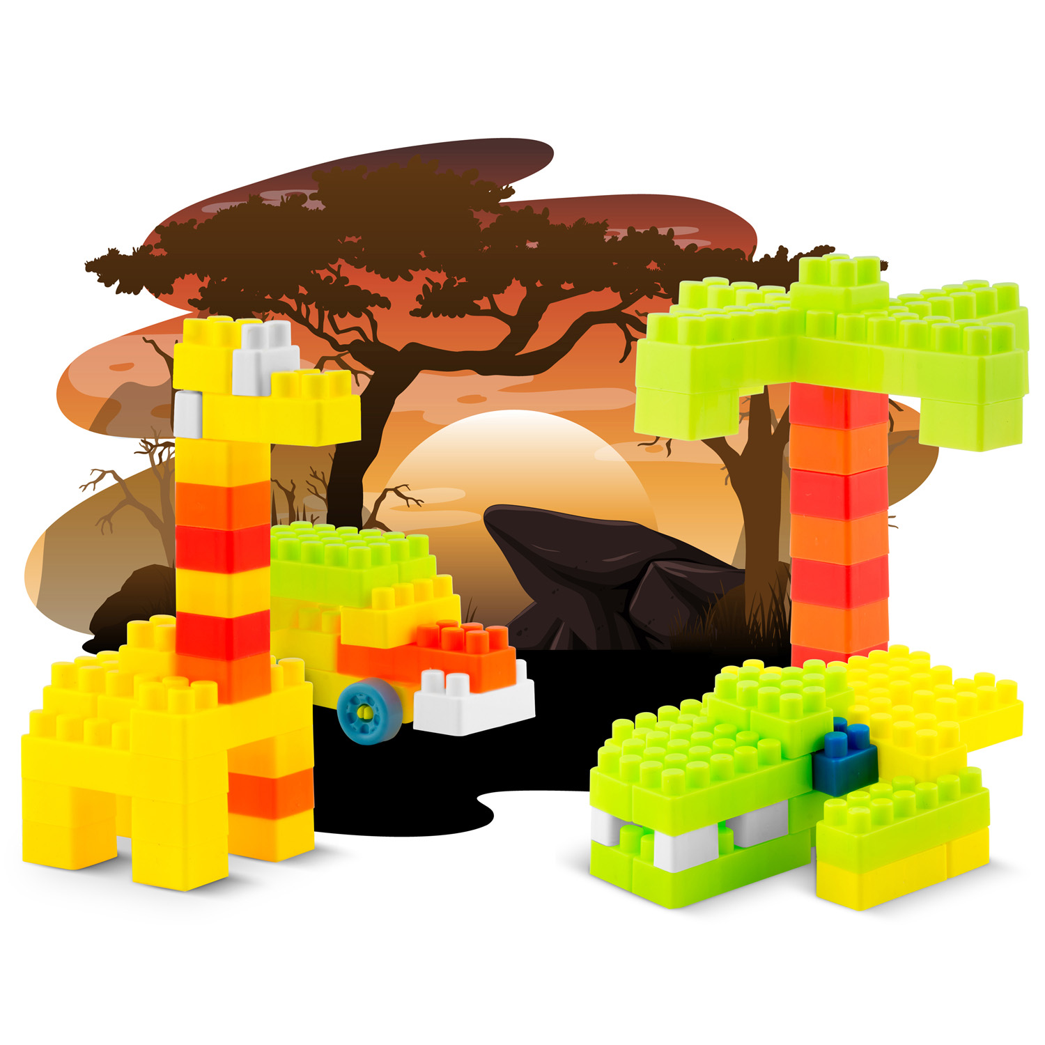 Klocki ułożone jako żyrafa, drzewo, krokodyl i samochód na tle zachodzącej słońcem sawanny z drzewami i dużą skałą.