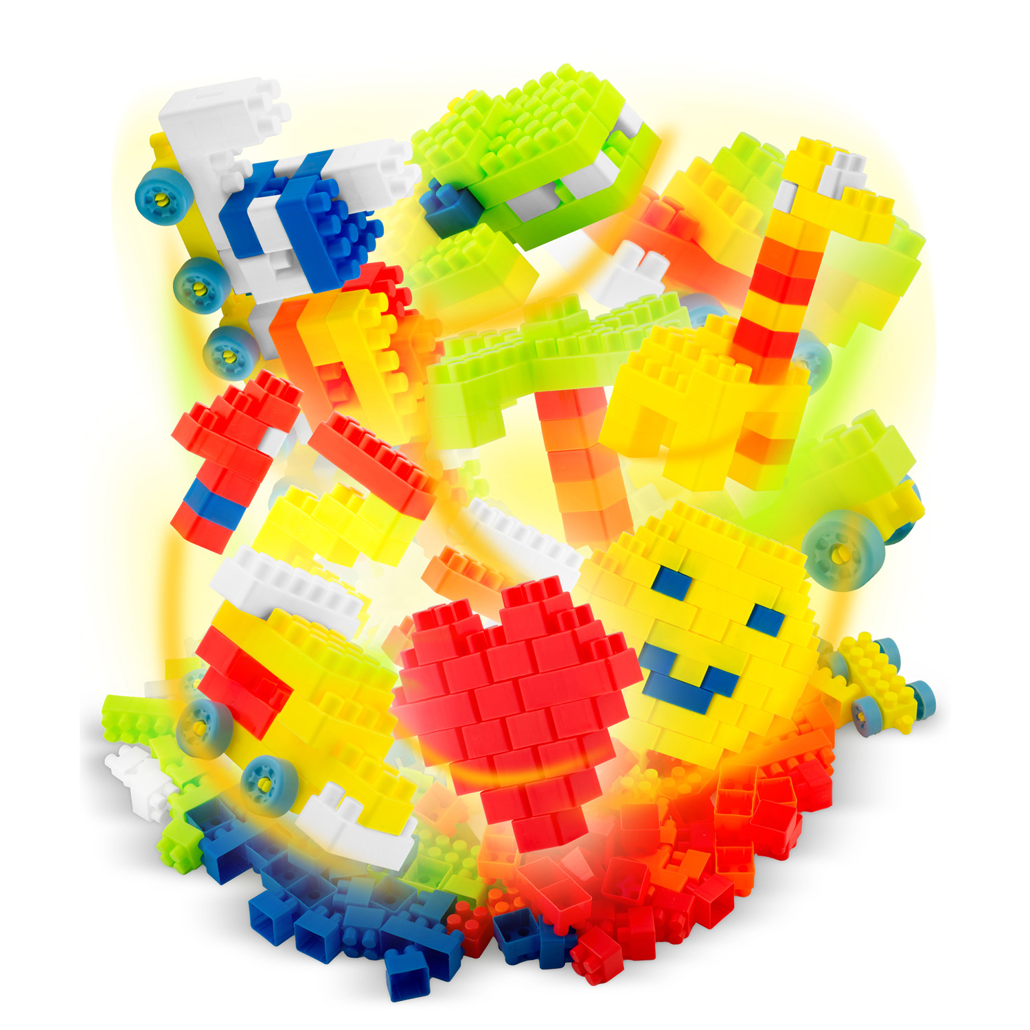 Kolorowe klocki ułożone dynamicznie. Zawiera serce, emotikon, krokodyla i żyrafę, wszystkie z klocków.