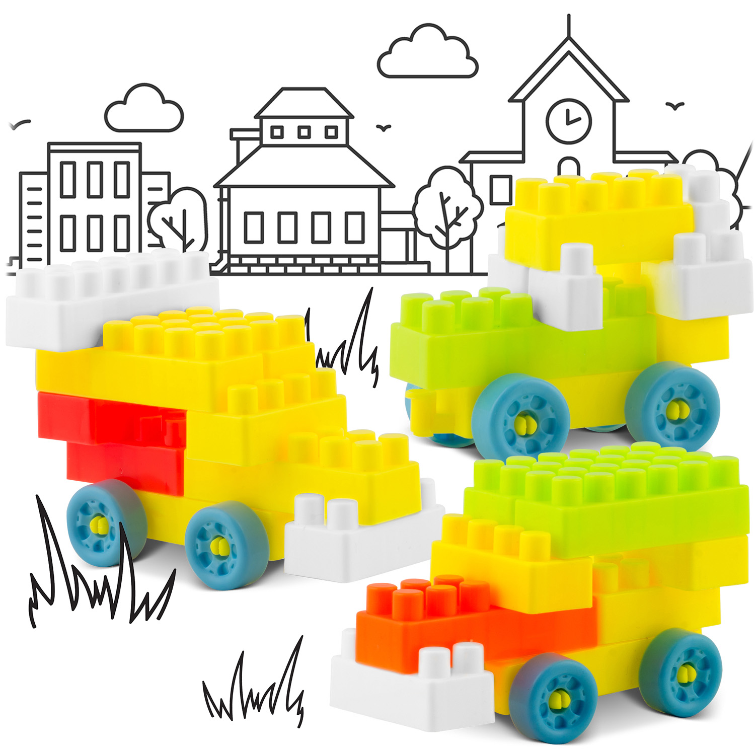 Zabawkowe samochody z klocków, żółte, zielone i pomarańczowe. Niebieskie koła. Czarno-białe miasto w tle.