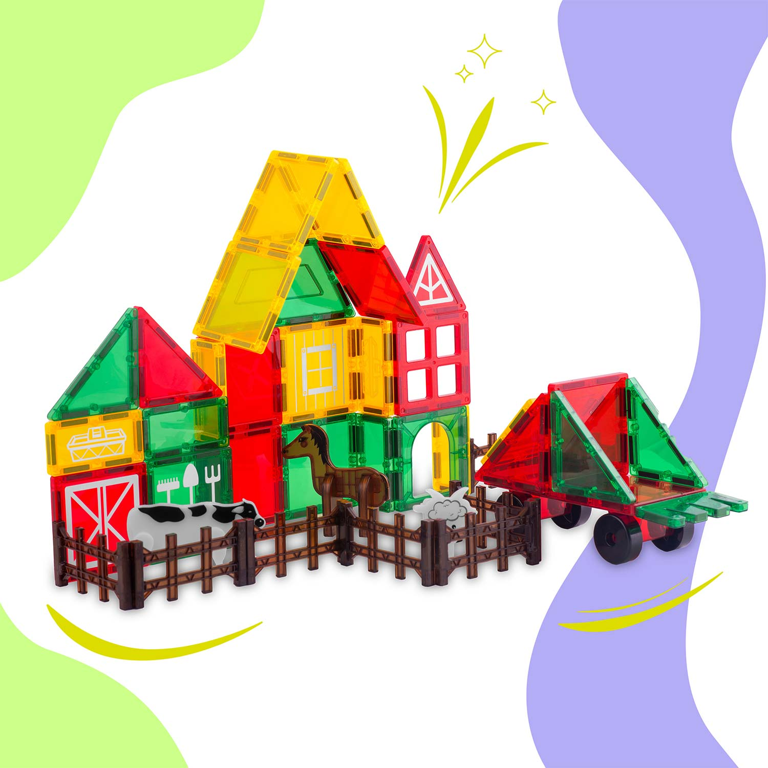 Kolorowa scena z farmą z zabawkami z domem, przyczepą, zwierzętami i płotem z klocków. Użyto żółtych, zielonych i czerwonych klocków.