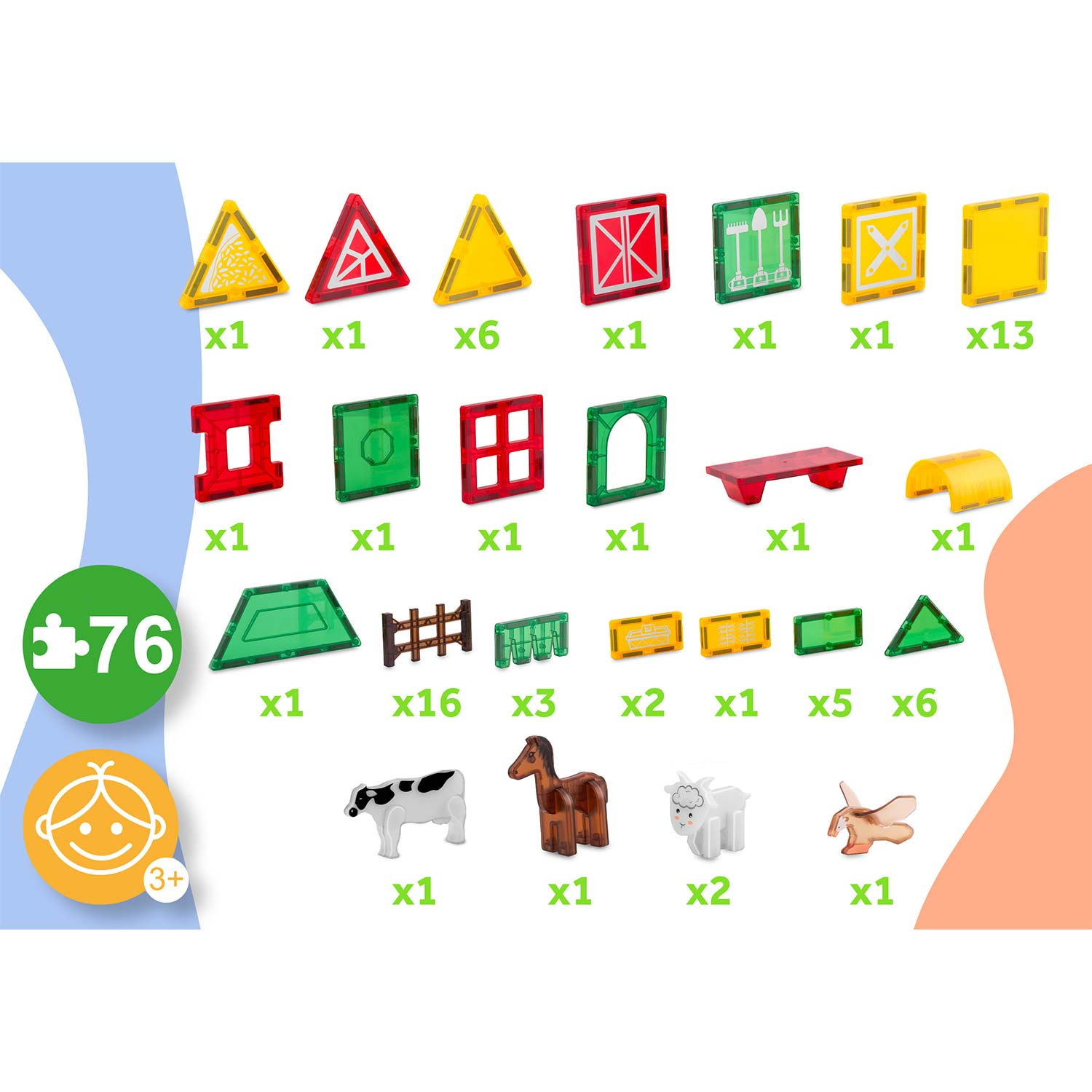 Obraz przedstawia kolorowe klocki i figurki zwierząt, w tym trójkąty, kwadraty i zwierzęta gospodarskie.