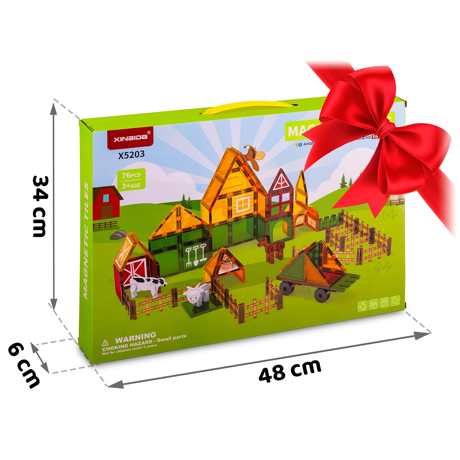 Pudełko magnetycznych płytek ze sceną z farmy, z wymiarami i czerwoną kokardą. Zawiera krowę, stodołę i różne konstrukcje.