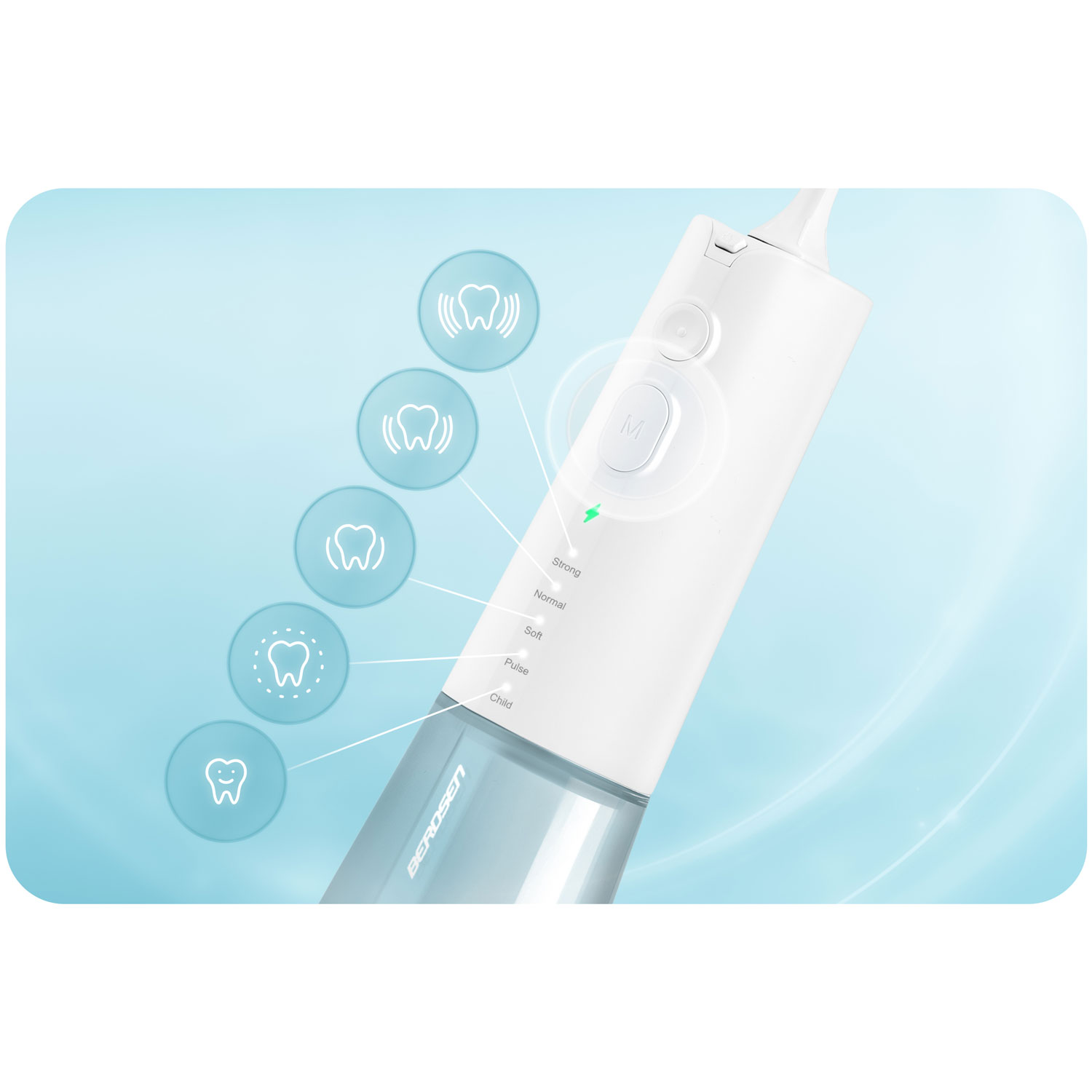 Biało-niebieski irygator do zębów. Posiada różne ustawienia i ikony zębów. Marka to BEROSEN.