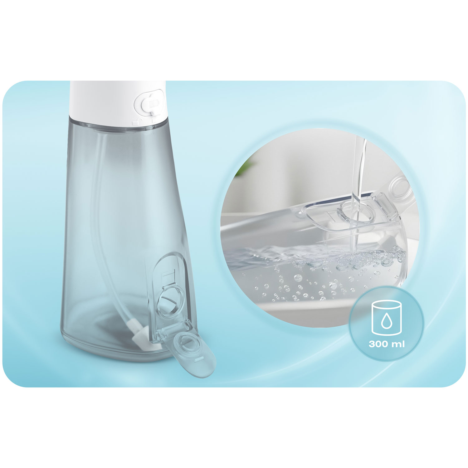Przezroczysta butelka do irygatora z białą górą. Mniejszy obrazek pokazuje wodę wlewaną do zbiornika. Obecna jest etykieta pojemności 300 ml.