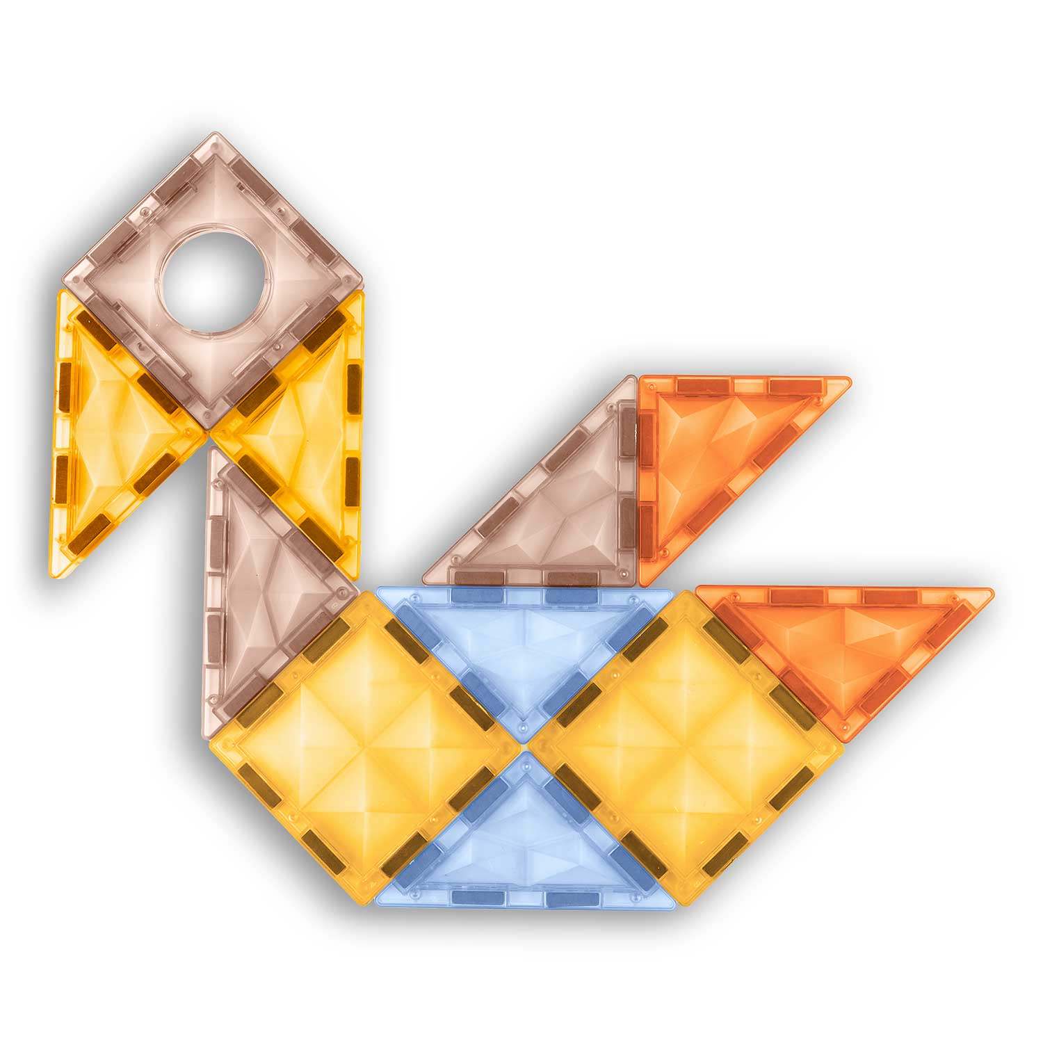 Ptak wykonany z kolorowych płytek magnetycznych. Ptak ma głowę, tułów i skrzydła w różnych kolorach, takich jak żółty, niebieski, pomarańczowy i brązowy.