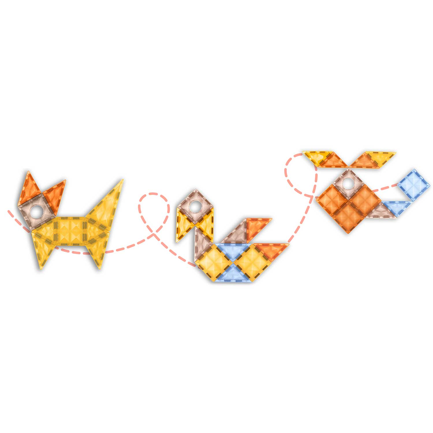 Trzy geometryczne kształty zwierząt wykonane z kolorowych klocków połączonych przerywaną linią. Kształty obejmują psa, kaczkę i wieloryba.