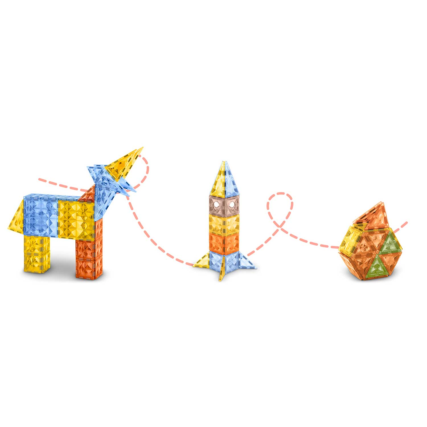 Kolorowe kształty geometryczne ułożone jako pies, rakieta i klejnot. Przerywana różowa linia łączy je na białym tle.