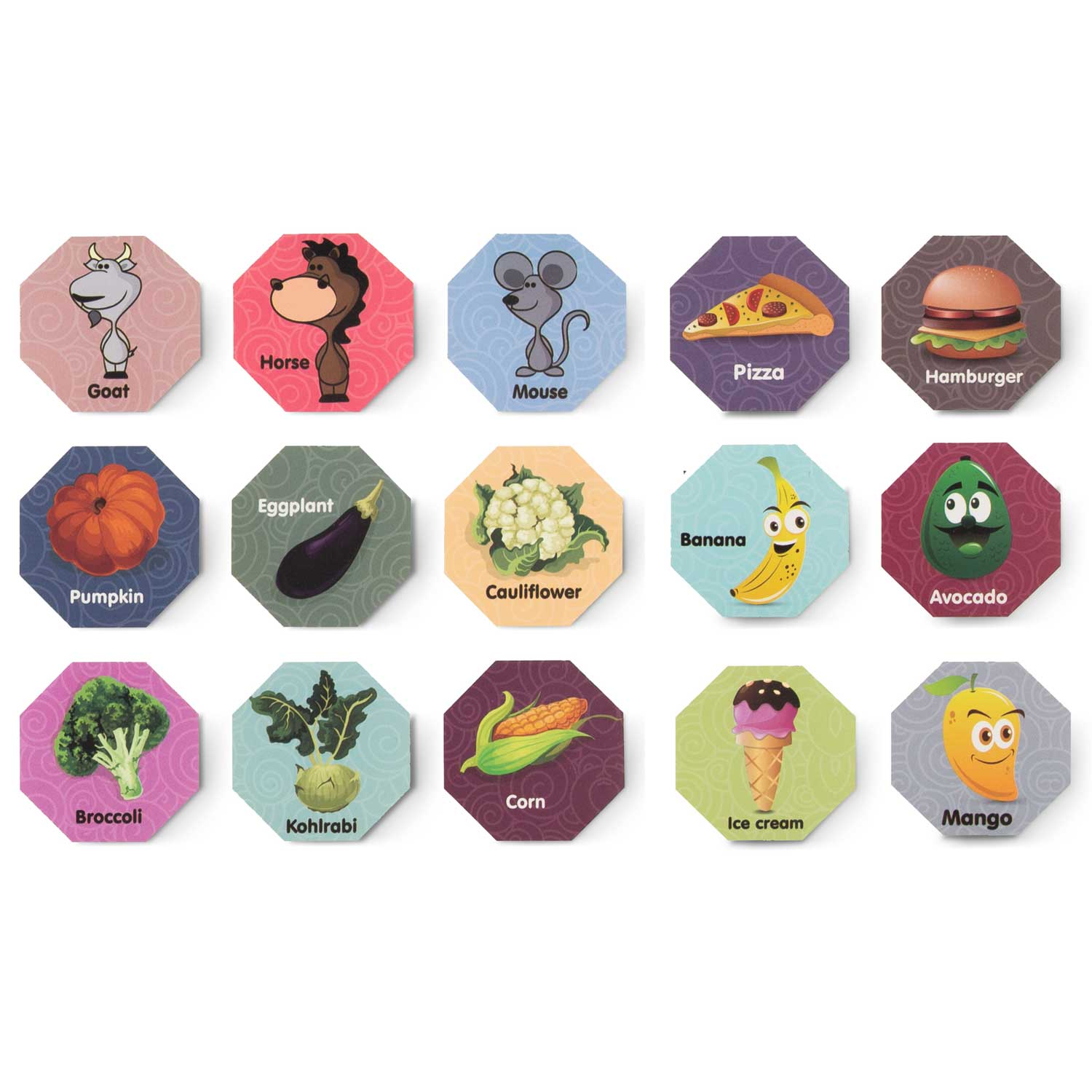 Obraz przedstawia ośmiokątne karty z ilustracjami różnych przedmiotów, w tym kozy, konia, myszy, pizzy, hamburgera, dyni, bakłażana itp.