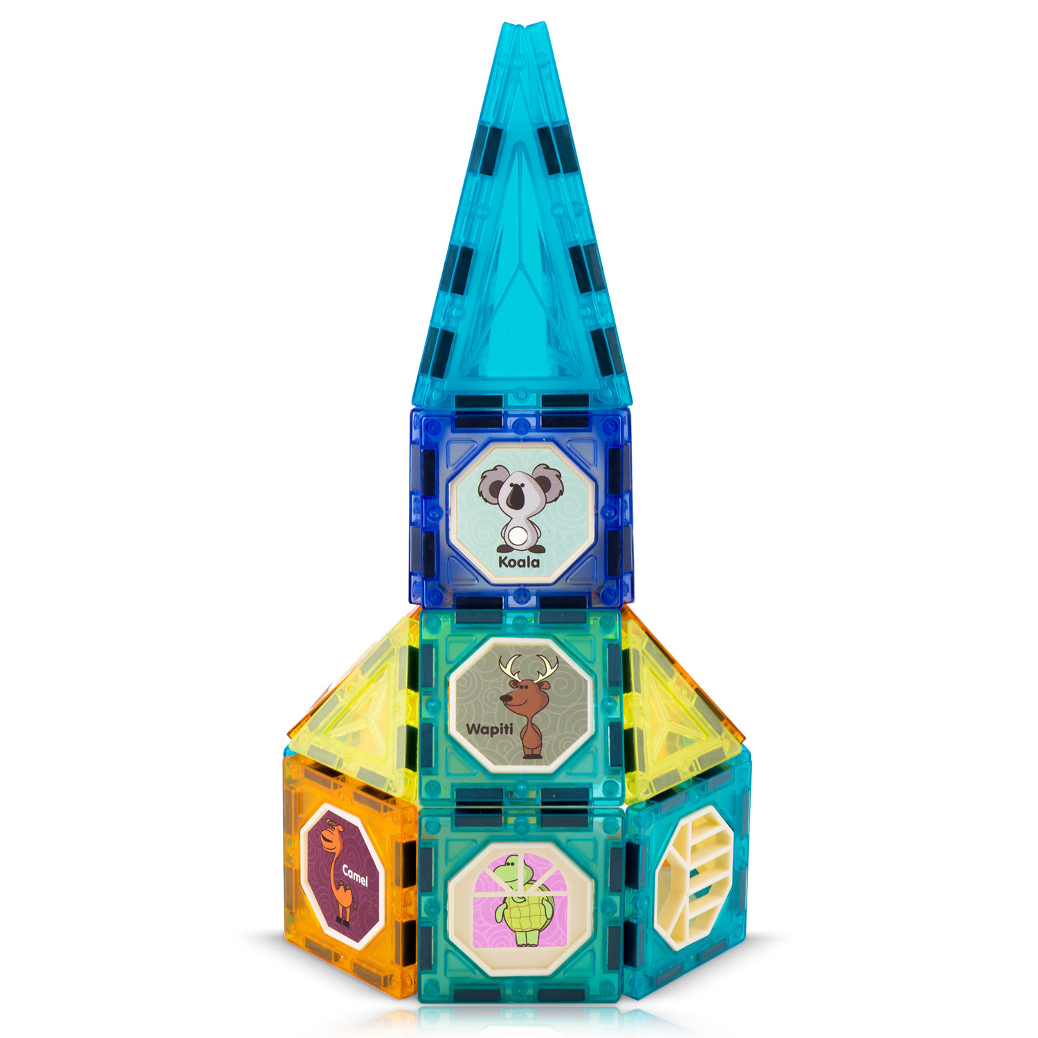 Kolorowy magnetyczny zestaw do budowania w kształcie domu. Zawiera obrazy koali, wapiti, wielbłąda i żółwia.