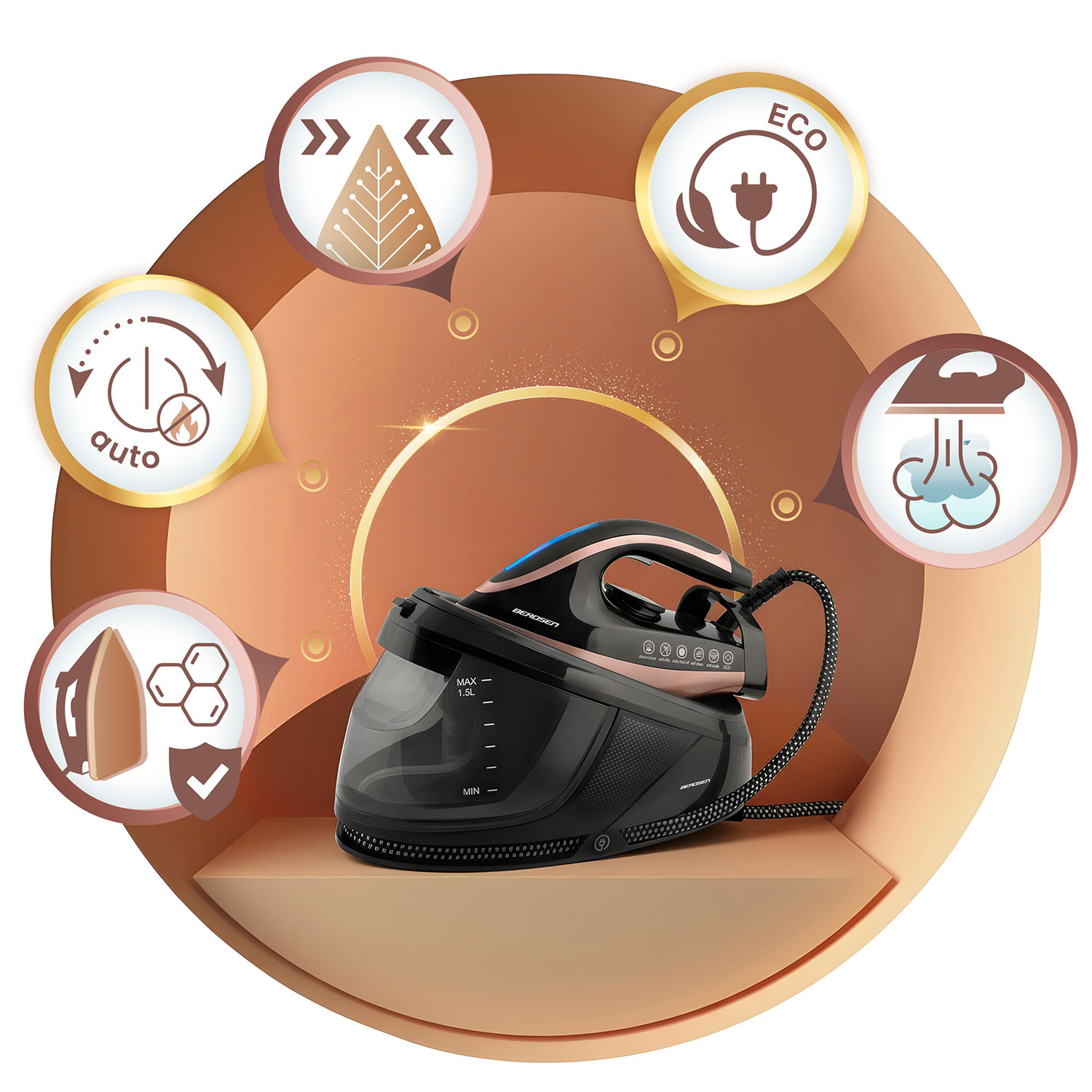 Czarne i różowo-złote żelazko z ikonami funkcji. Żelazko stoi na beżowej półce na brązowym tle.