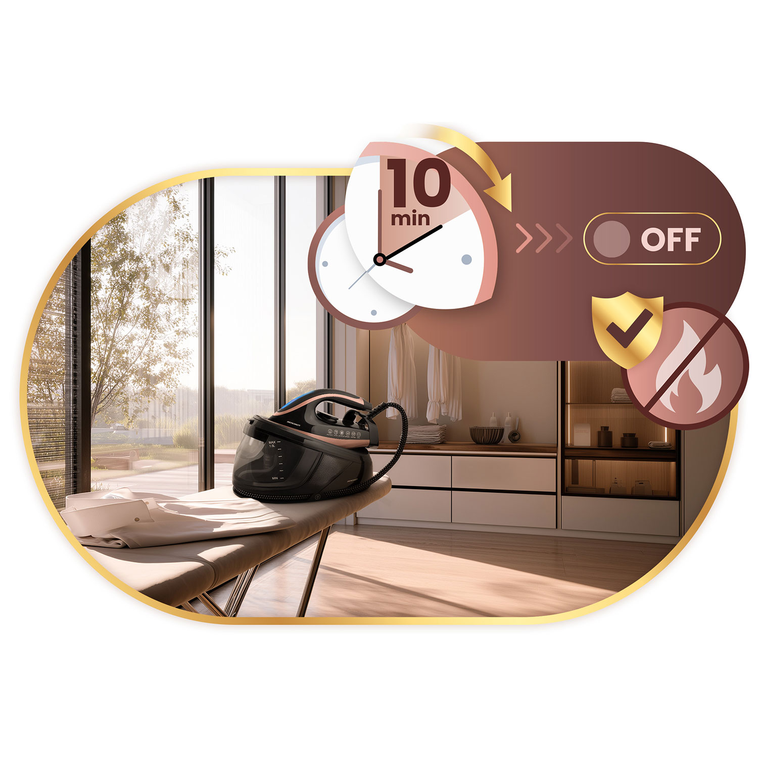 Żelazko na desce do prasowania w pokoju. Zegar pokazuje 10 minut i wyłącznik. Tarcza i symbol zakazu ognia.