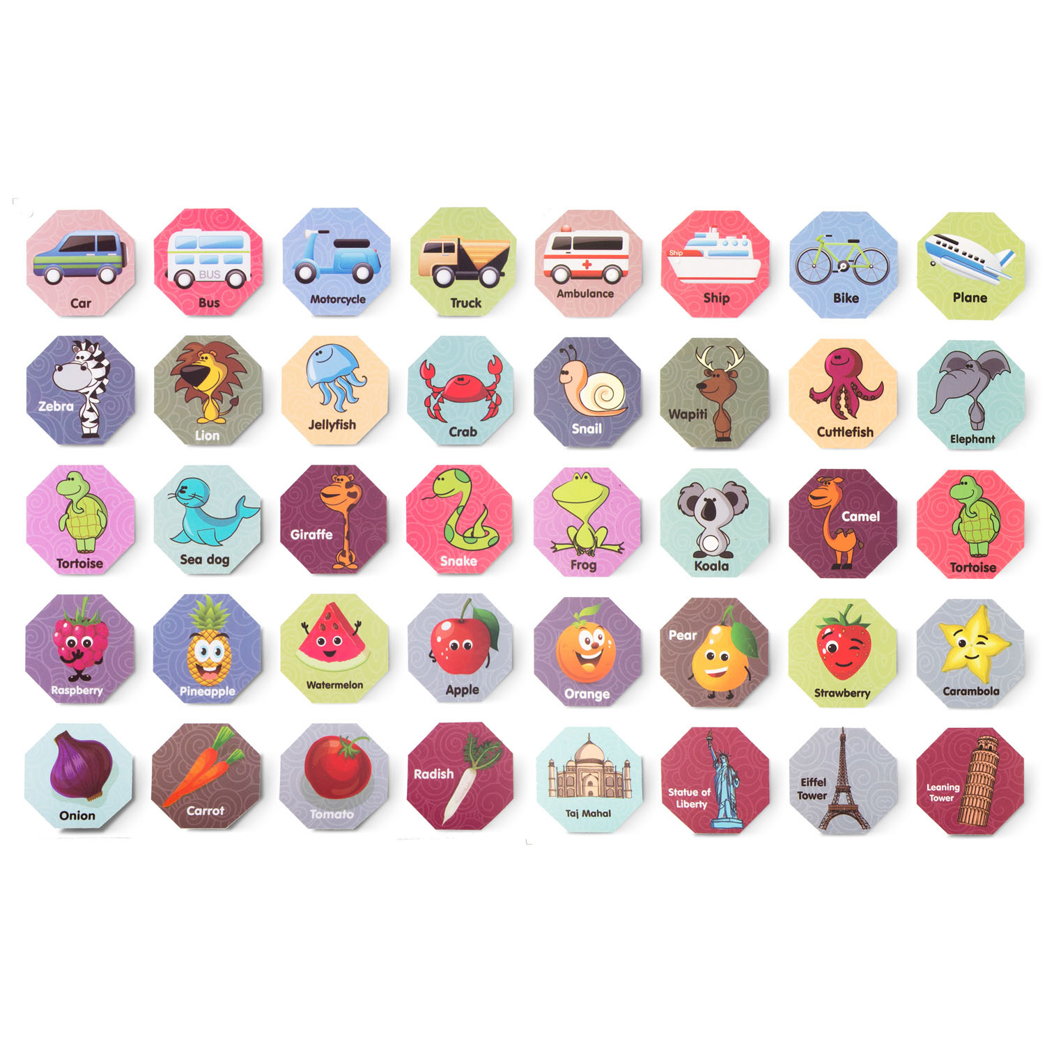 Kolorowe karty z ilustracjami pojazdów, zwierząt, owoców, warzyw i zabytków.