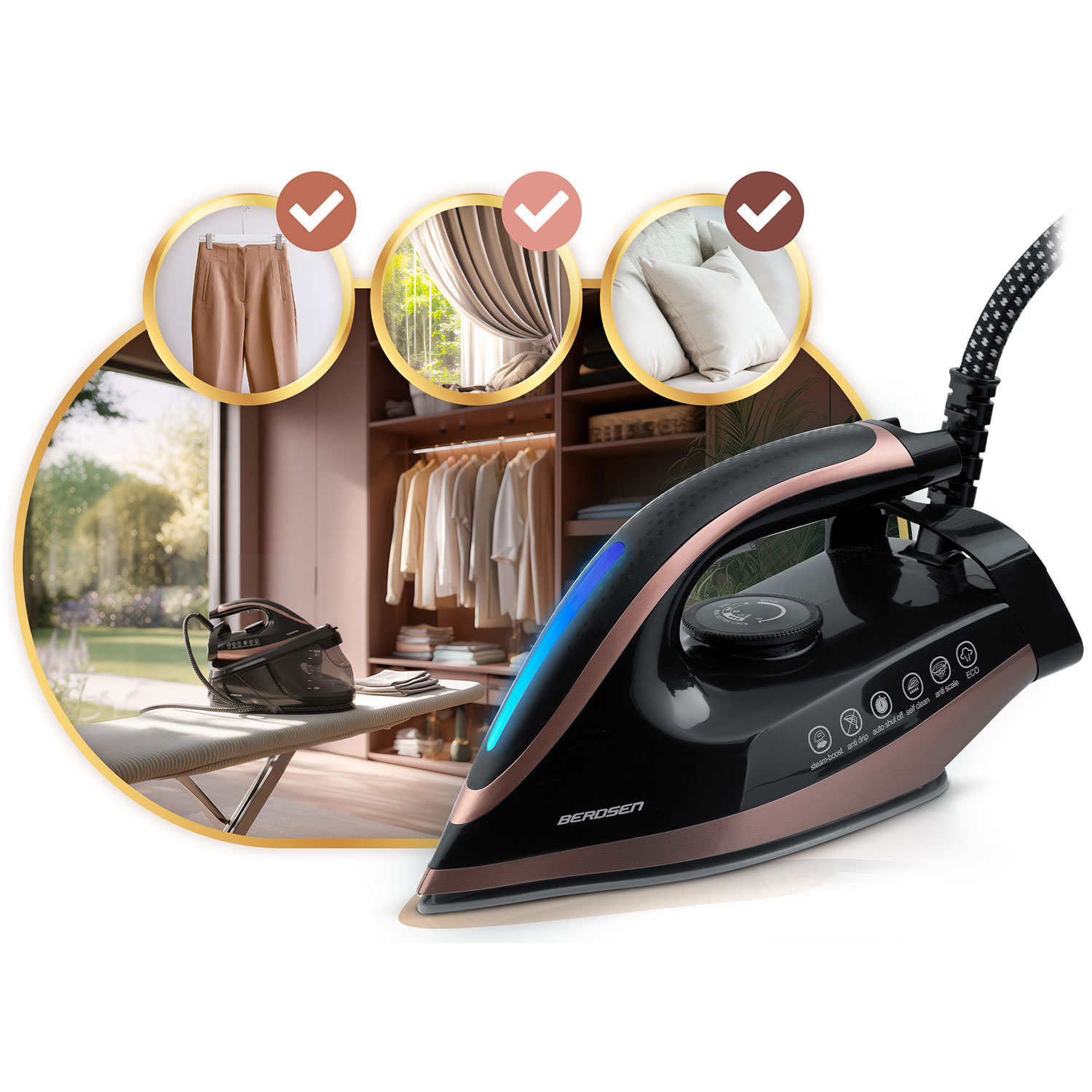 Czarne i różowo-złote żelazko z niebieskim światłem. Tło przedstawia szafę z ubraniami oraz zdjęcia spodni, zasłon i poduszek.