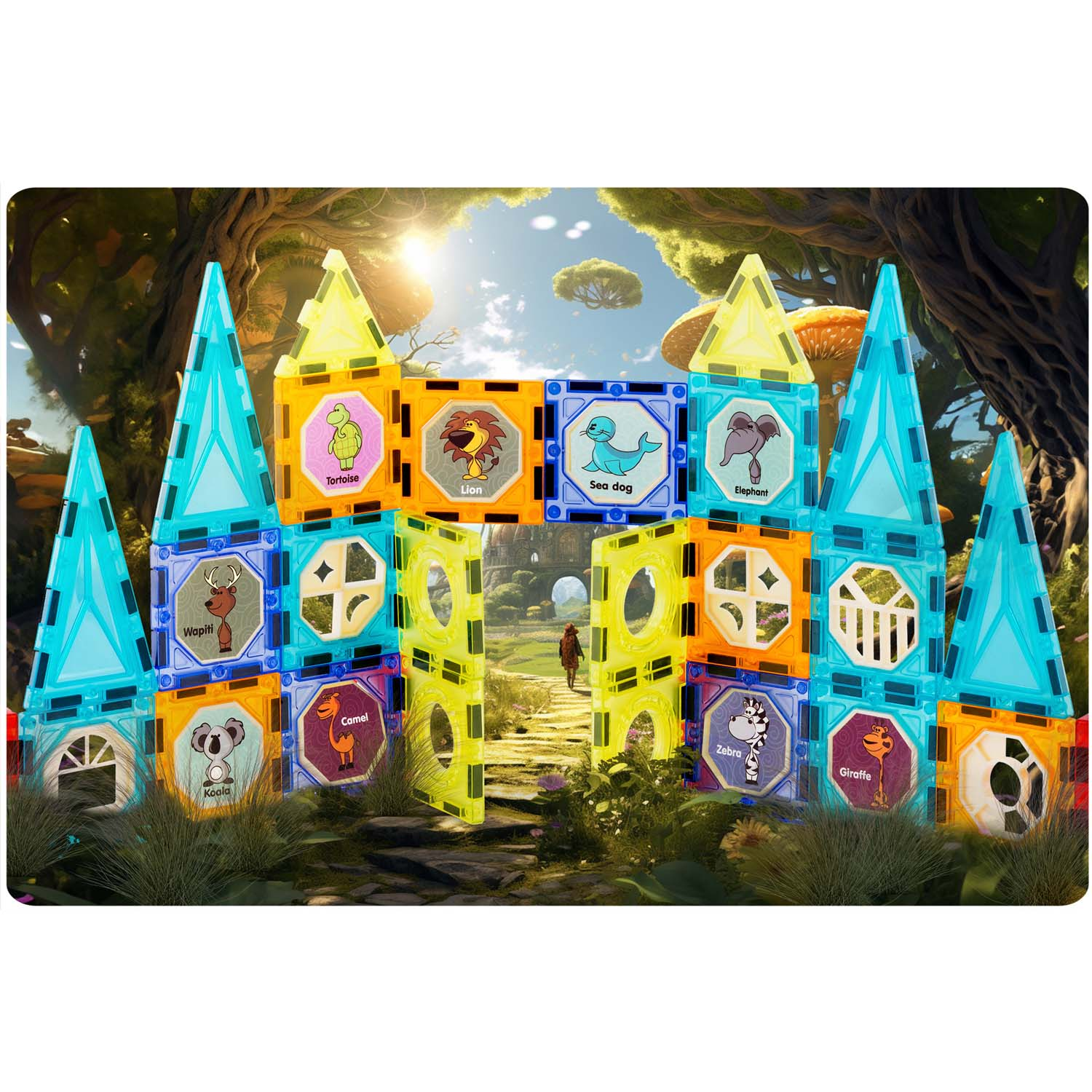 Kolorowe klocki magnetyczne tworzą zamek z ilustracjami zwierząt. Osoba przechodzi przez bramę do zielonego lasu.