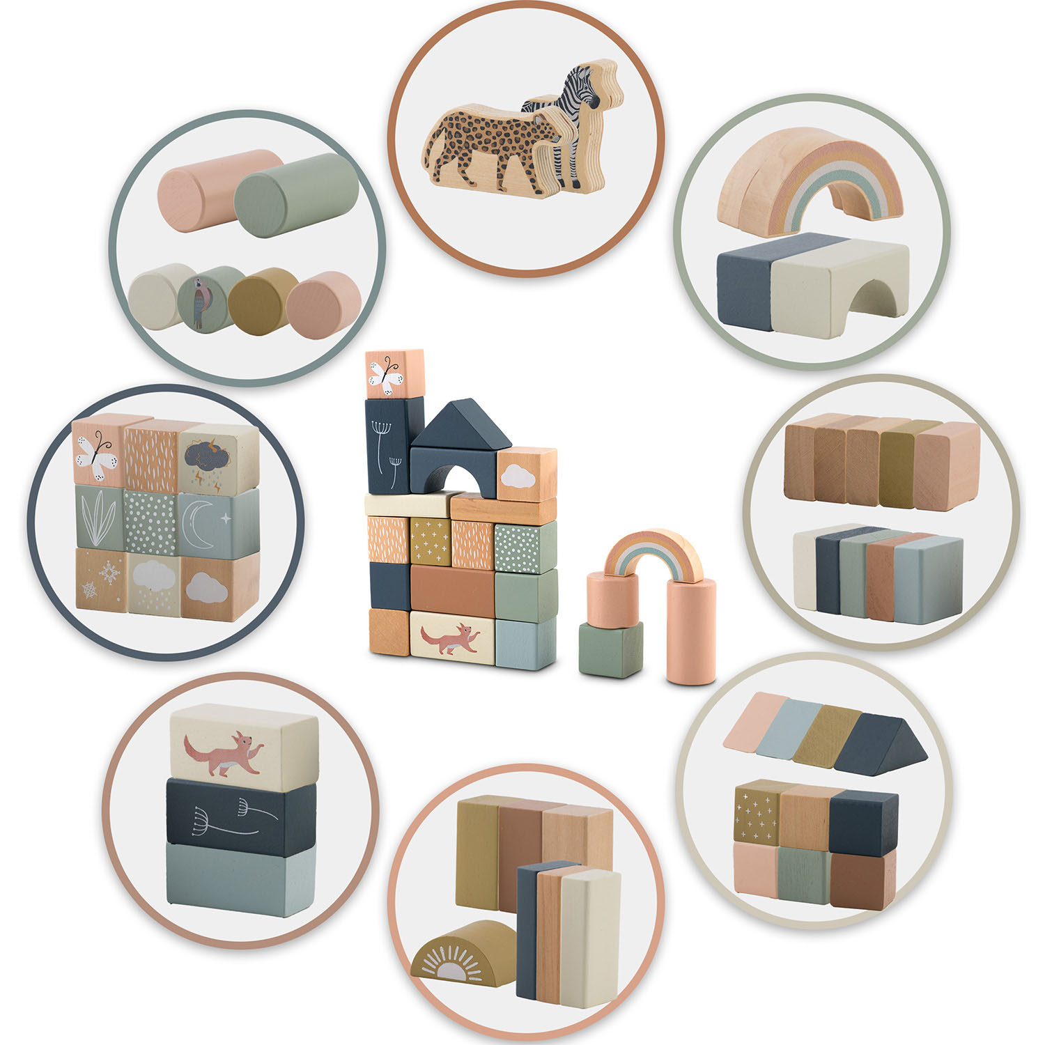Drewniane klocki w okrągłych ramkach. Zawiera kształty takie jak walce, zebra, tęcza i prostokątne klocki z różnymi rysunkami.