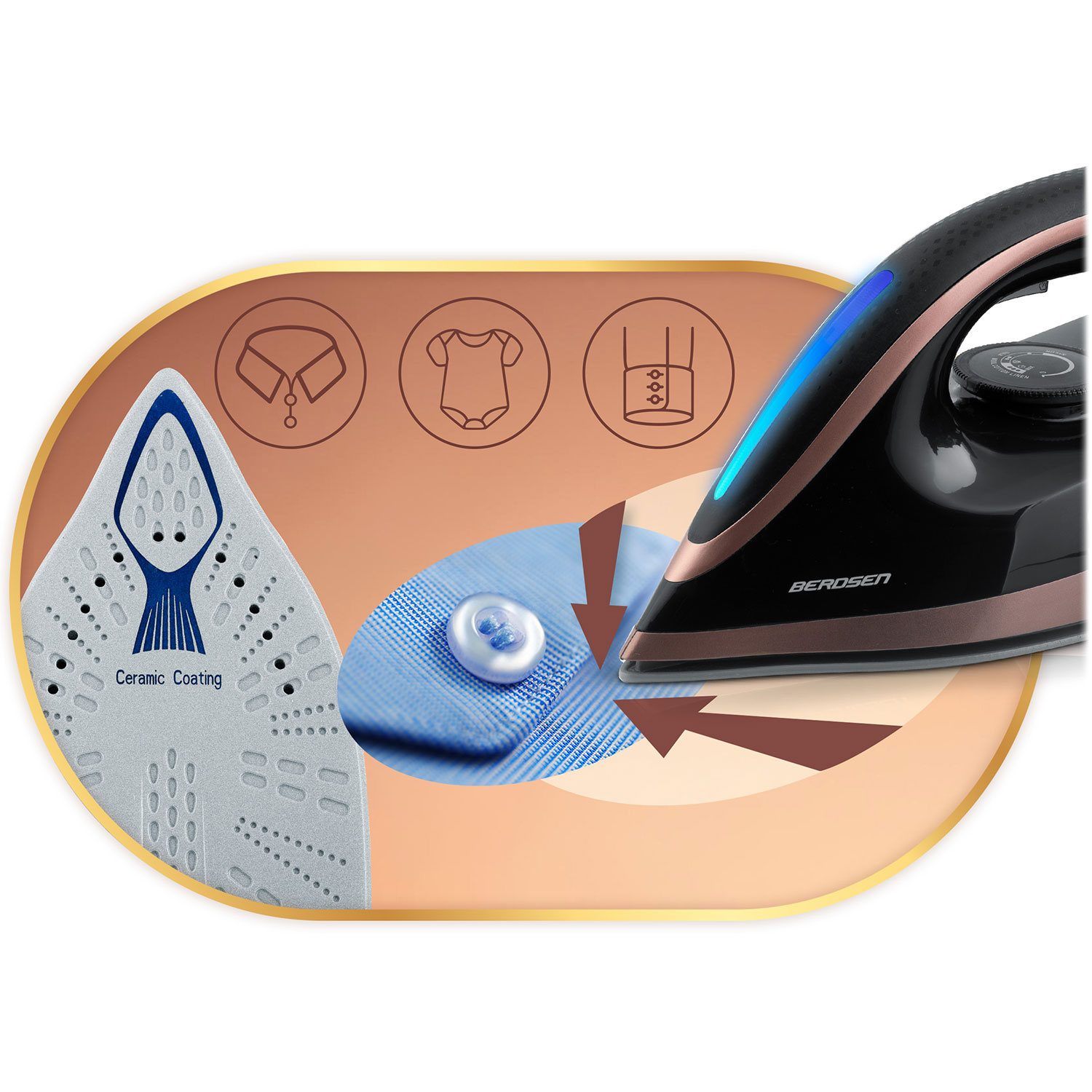 Czarne i różowo-złote żelazko, prasujące niebieską koszulę. Zawiera ikony typów ubrań i powłoki ceramicznej.