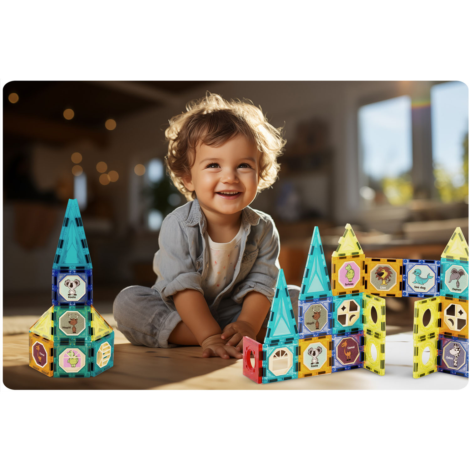 Uśmiechnięte dziecko siedzi wśród kolorowych klocków magnetycznych. Budynki z klocków znajdują się przed dzieckiem. Tło jest rozmyte.