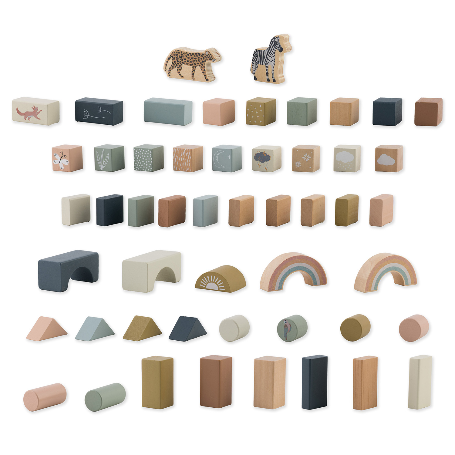 Zestaw drewnianych zabawek: lampart, zebra, klocki z różnymi wzorami, łuki, tęcze, trójkąty, walce i klocki prostokątne.
