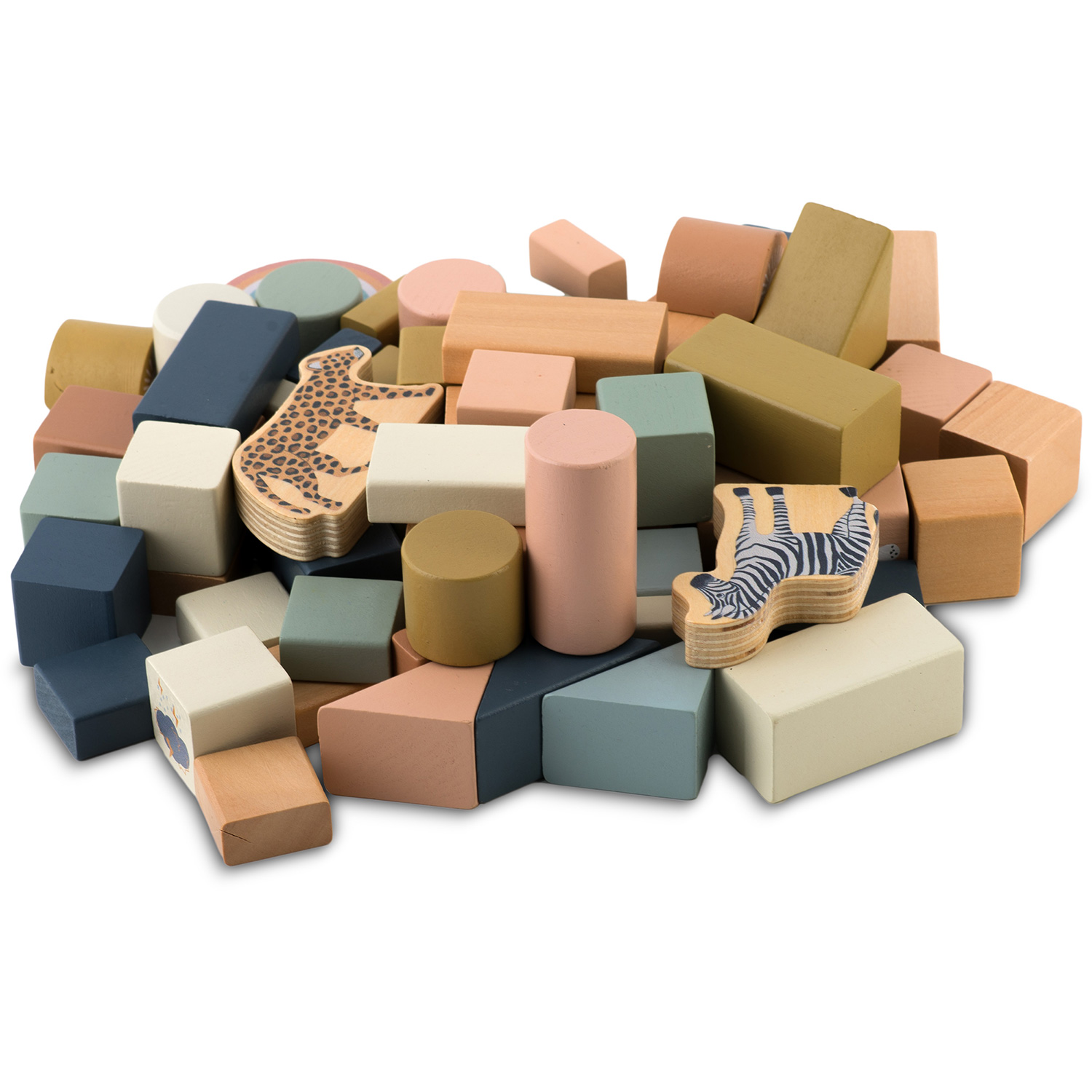 Stos drewnianych klocków o różnych kształtach i kolorach, w tym lampart i zebra. Tło jest białe.