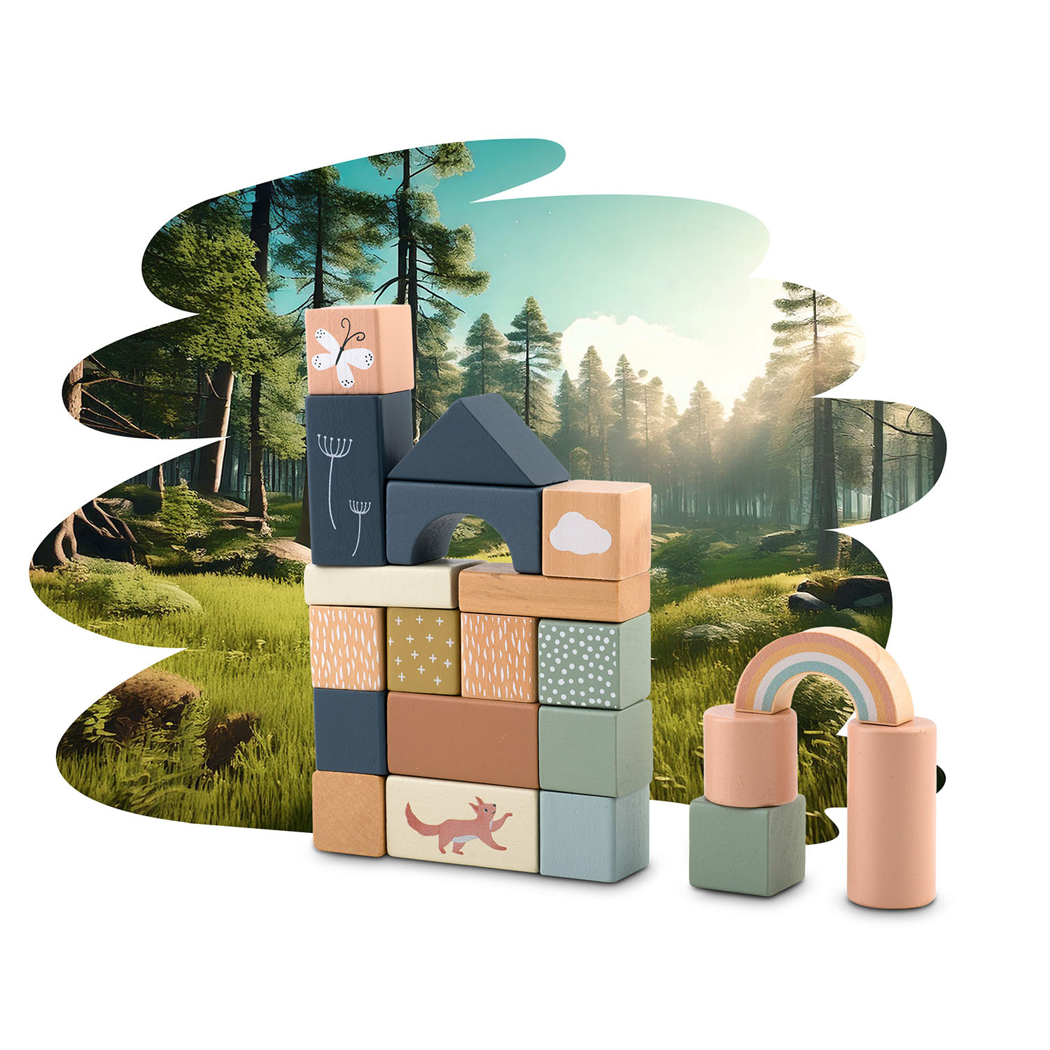 Drewniane klocki ułożone jako dom, tęcza i inne kształty, na tle lasu z jasnym niebem.