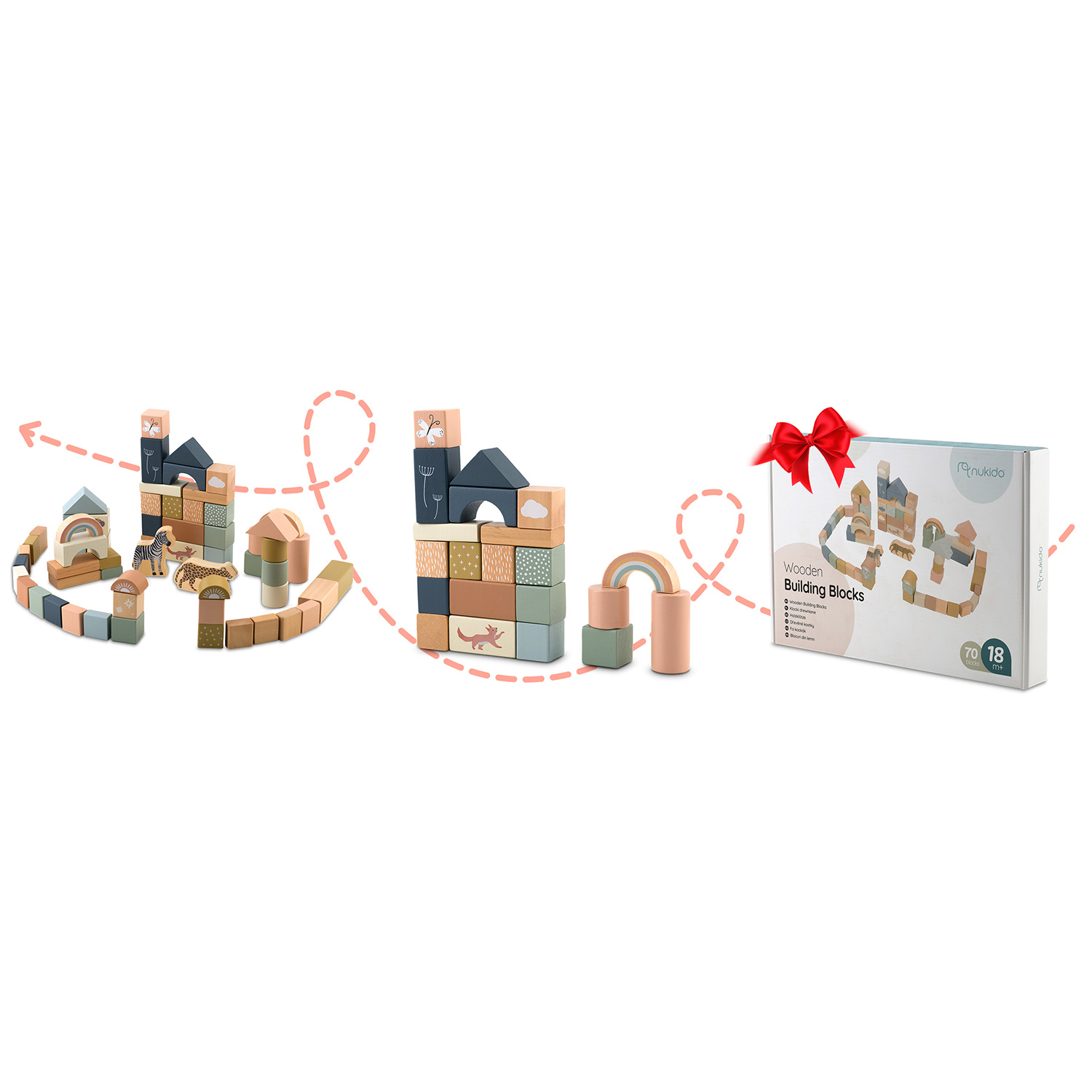 Drewniane klocki z motywami zwierząt i natury, pudełko klocków z czerwoną wstążką. Kropkowana linia łączy elementy.