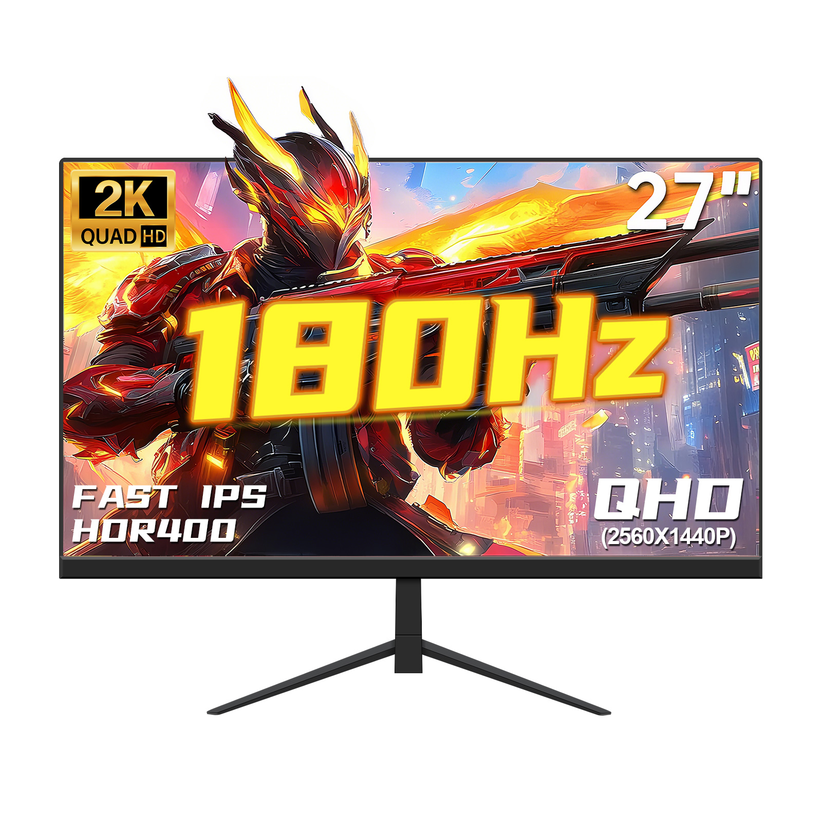 Un monitor gaming de 27 pulgadas con una imagen de guerrero futurista en pantalla. Especificaciones: 180Hz, QHD, HDR400 y 2K Quad HD.