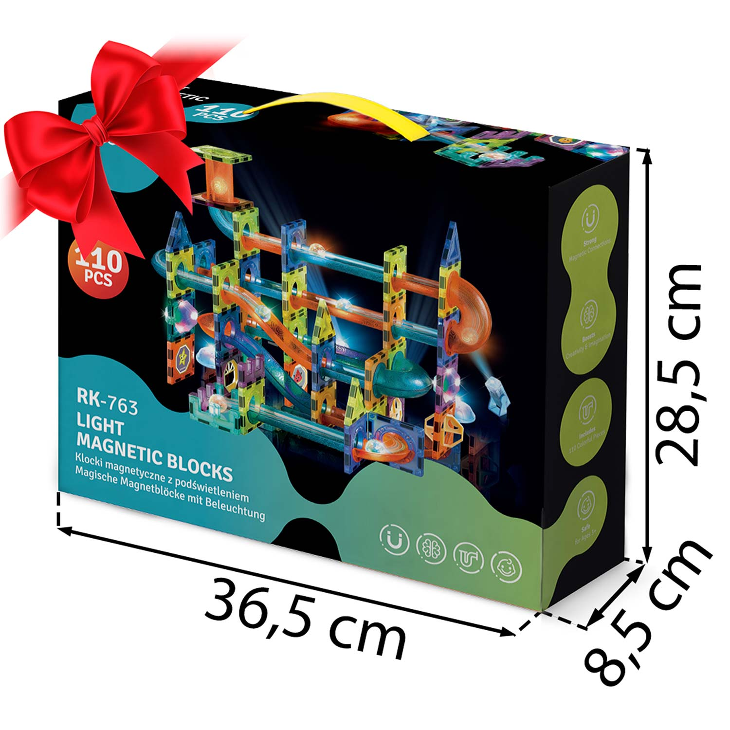 Pudełko magnetycznych klocków z torem w środku. Ma czerwoną kokardę. Wymiary są wyświetlane na pudełku.