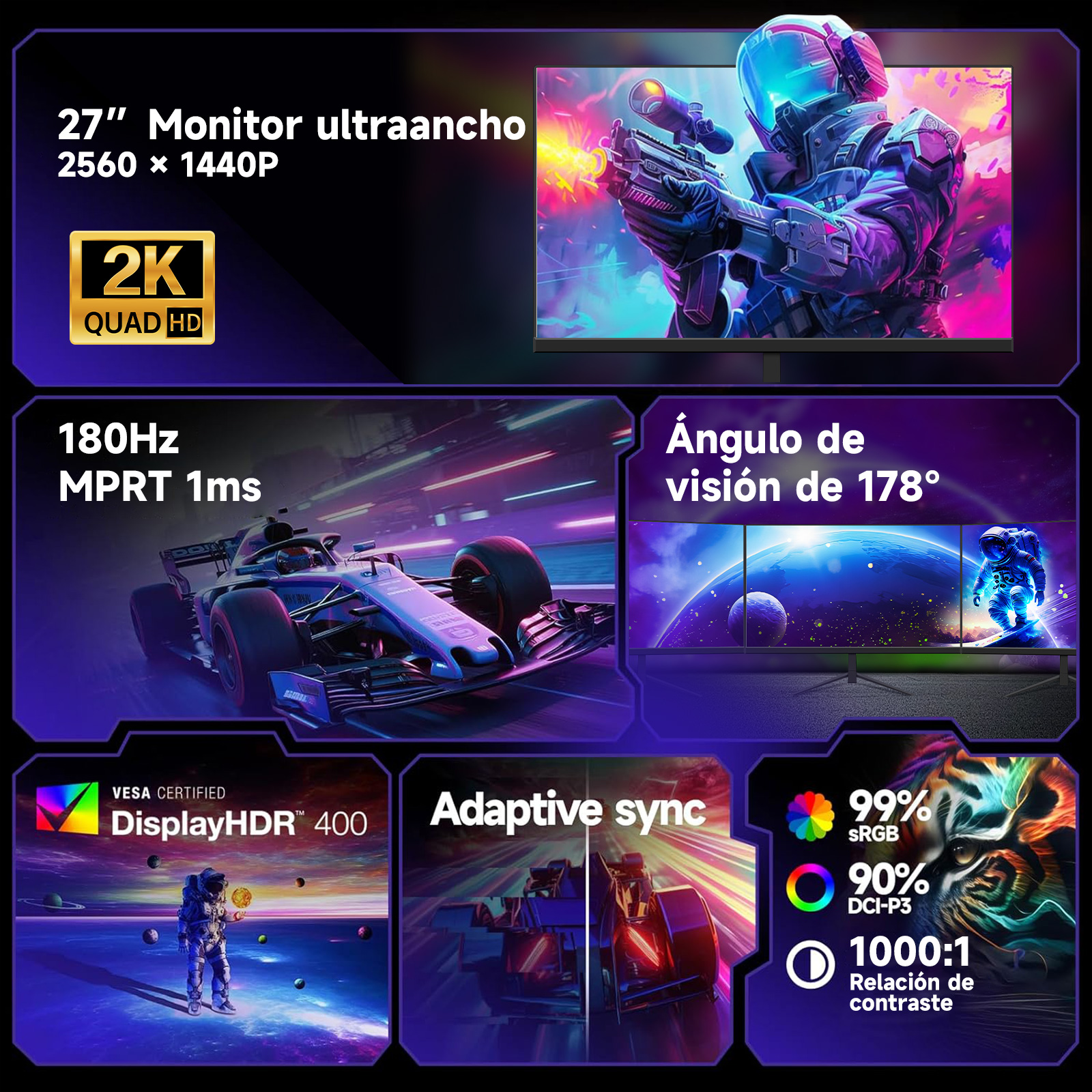 Un monitor que muestra características: 27", 2K Quad HD, 180Hz, HDR, Adaptive sync y detalles de color. Incluye imágenes de juegos.