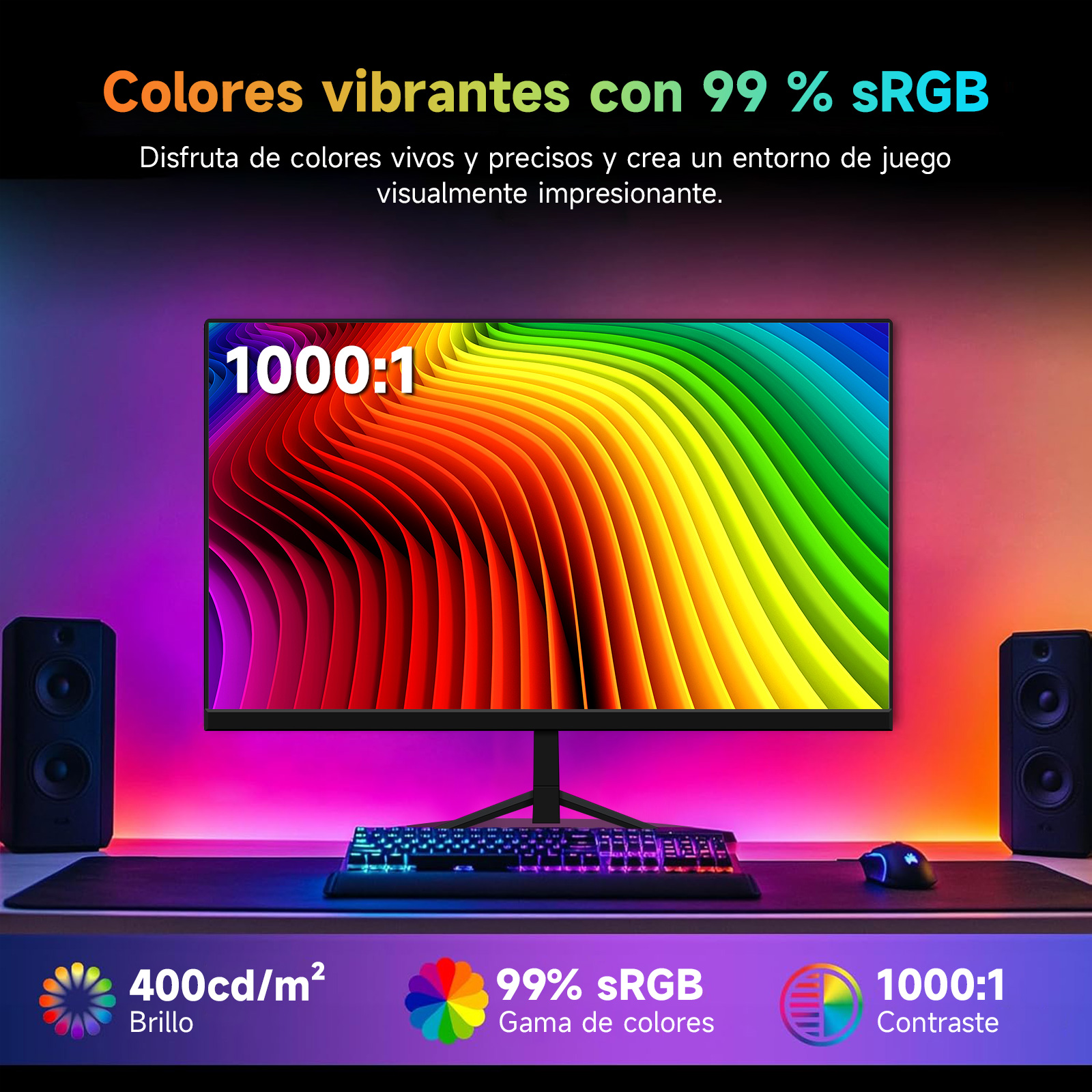 Un monitor muestra gráficos coloridos. Los altavoces flanquean los lados. Teclado y ratón en primer plano.