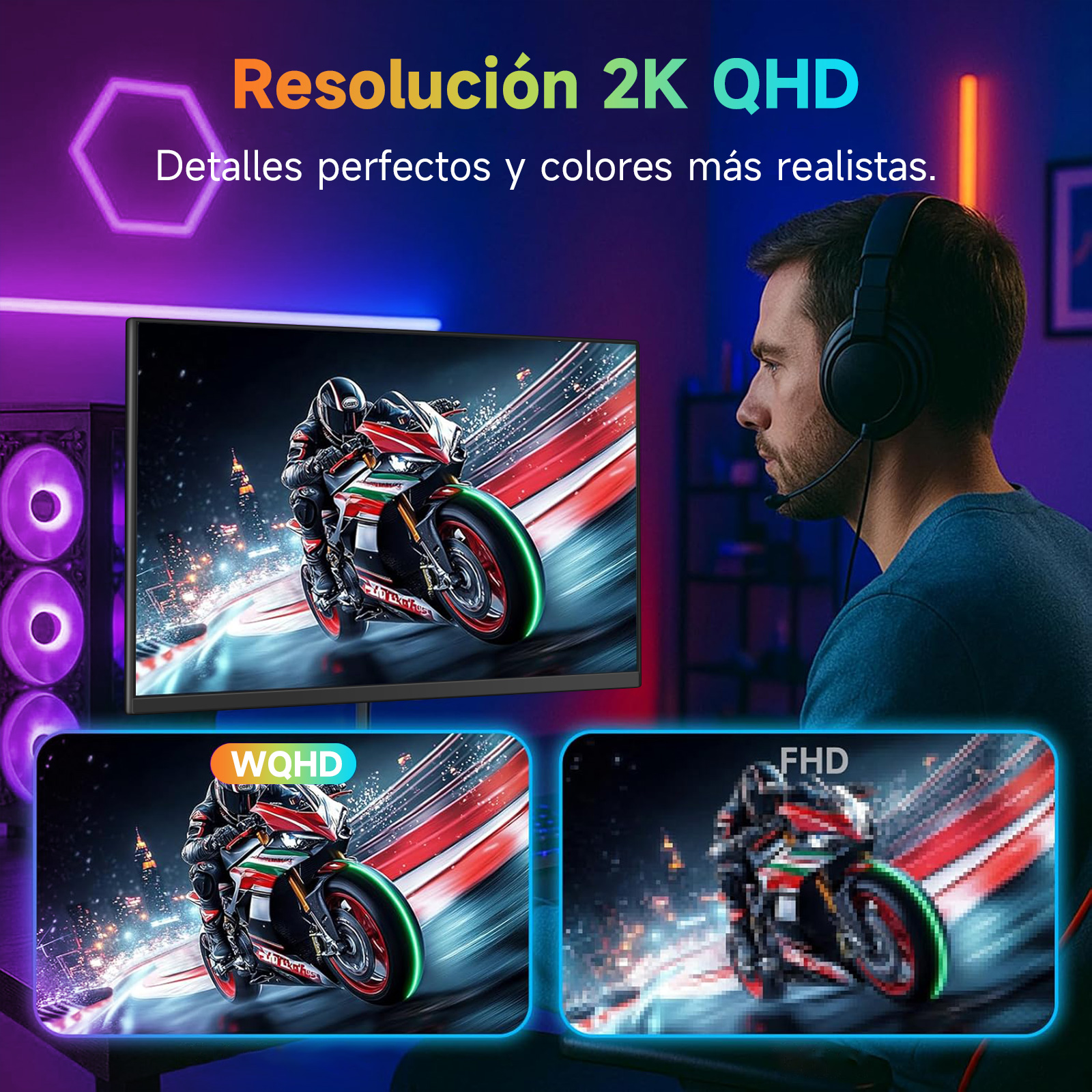 Un hombre con auriculares mira un monitor que muestra una escena de carreras de motos. Dos pantallas más pequeñas muestran lo mismo.