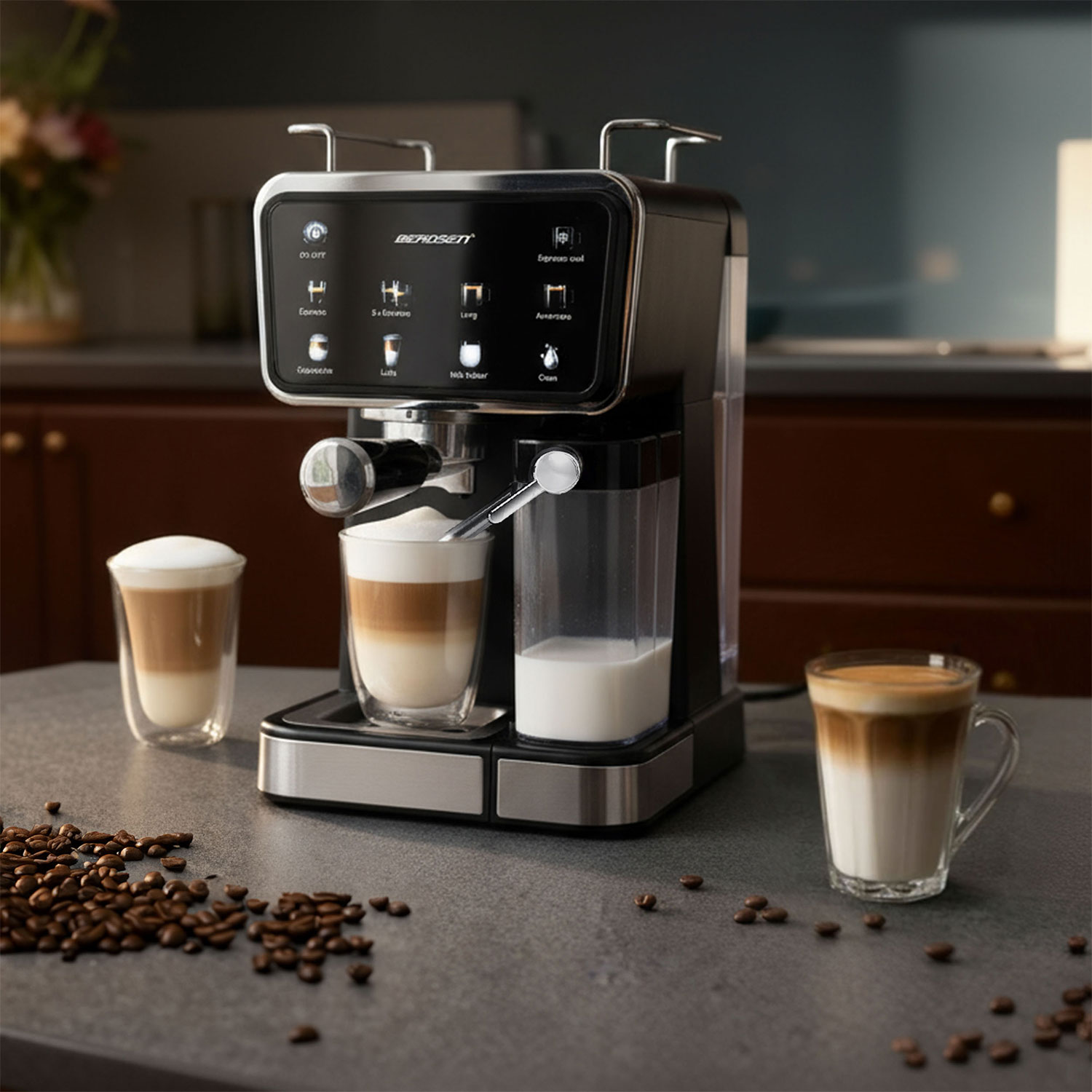 Ekspres do kawy z trzema latte macchiato, pojemnikiem na mleko i ziarnami kawy na blacie.