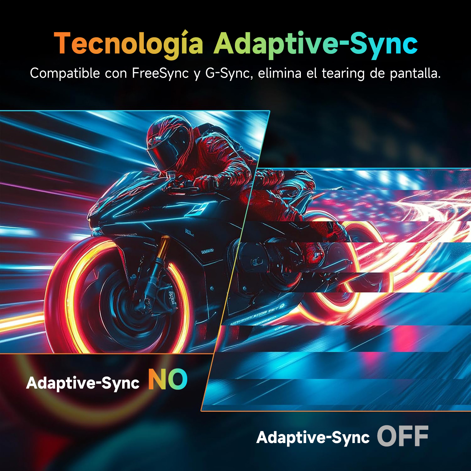 Una motocicleta en movimiento, luces de neón, el texto "Adaptive-Sync" se muestra con indicadores "NO" y "OFF".